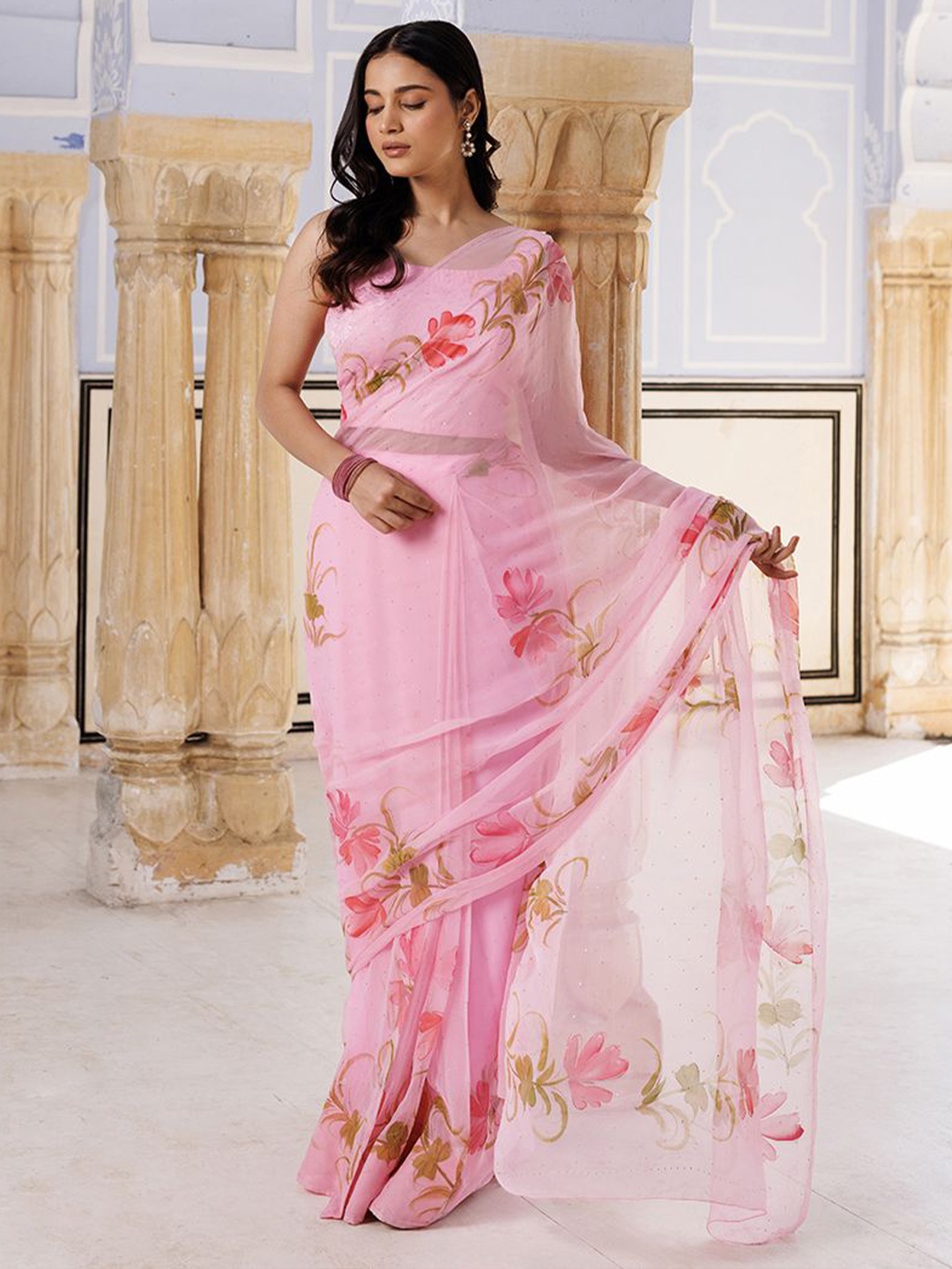 

Geroo Luxe Floral Printed Pure Chiffon Ready to Wear Saree, Pink