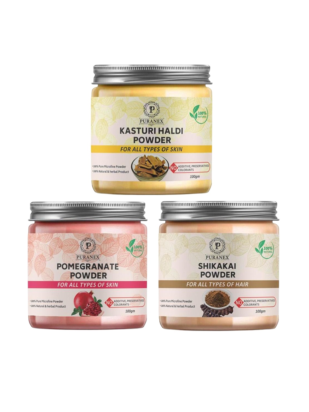 

Puranex Set Of 3 Natural & Pure Kasturi Haldi - Pomegranate & Shikakai Powder - 100 g Each, Yellow
