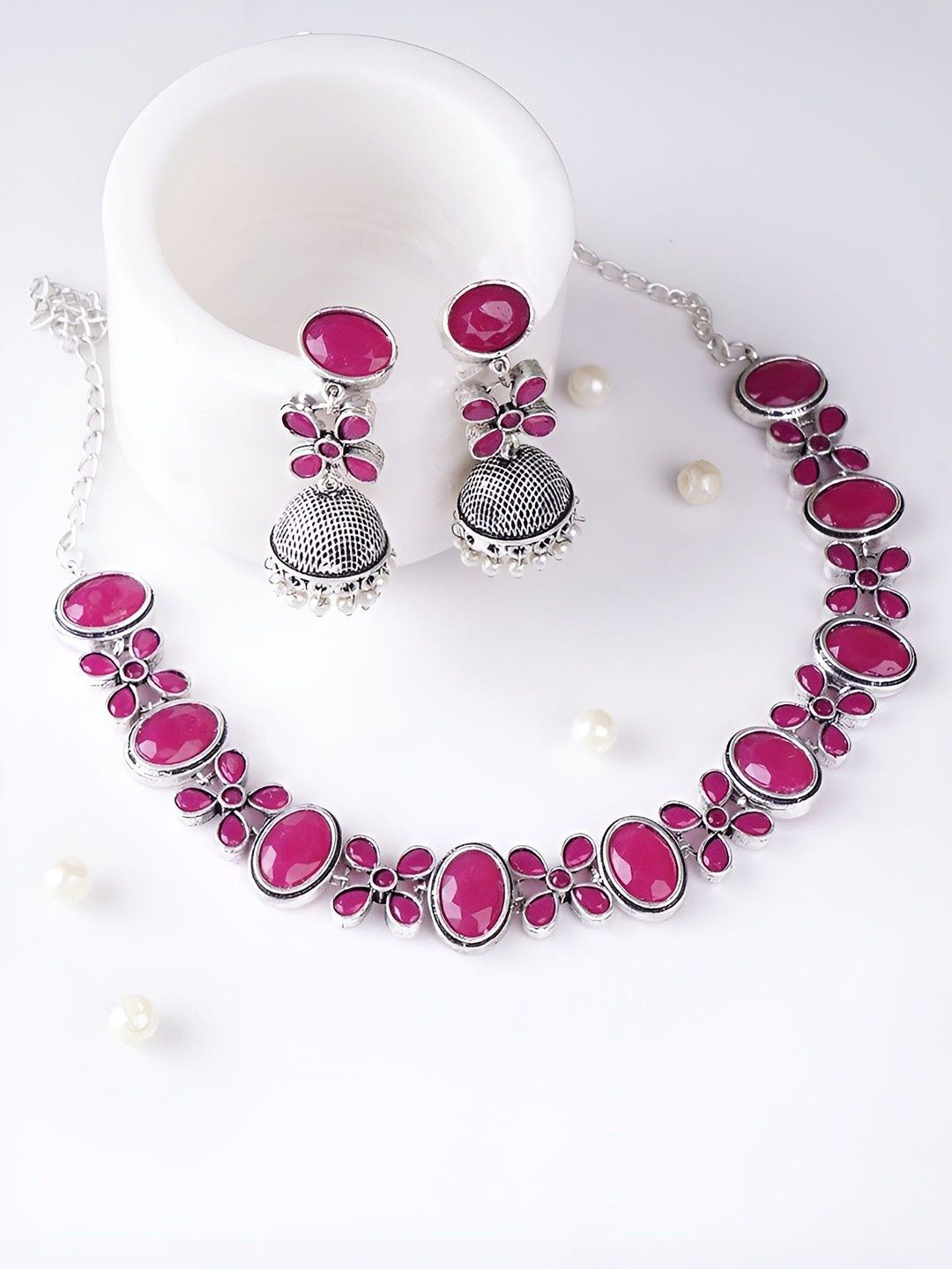

ORANGENYSHA Silver-Plated Ruby Pink Stone Studded & Beaded Oxidised Jewellery Set