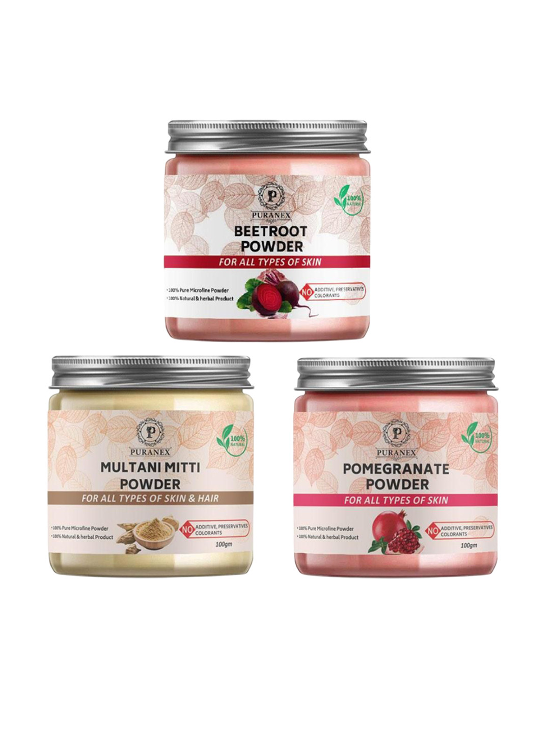 

Puranex Set Of 3 Natural Beetroot - Multani Mitti & Pomegranate Powder - 100 g Each, White