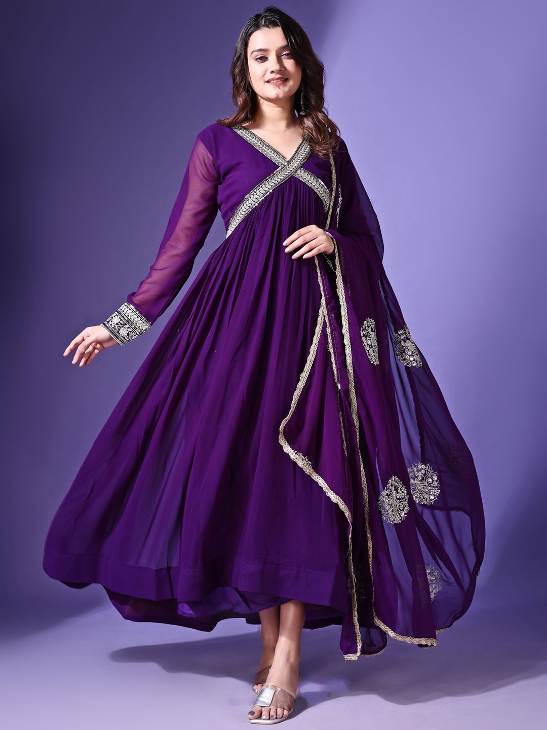 

Fashionuma Floral Embroidered Beads and Stones Georgette Angrakha A-Line Kurta & Dupatta, Purple