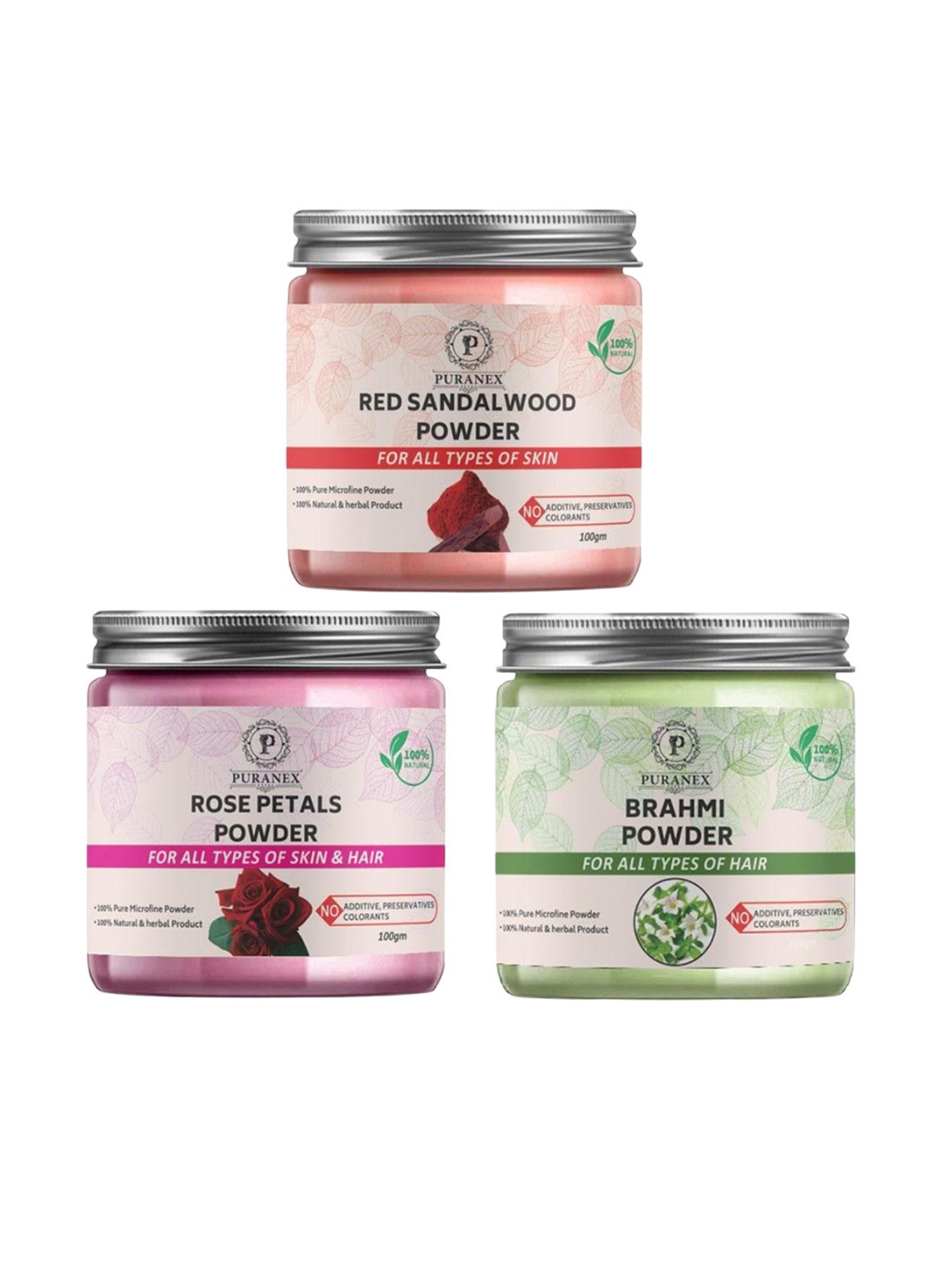 

Puranex Set Of 3 Red Sandalwood, Brahmi & Rose Petal Skin & Hair Powder-100 g Each, White