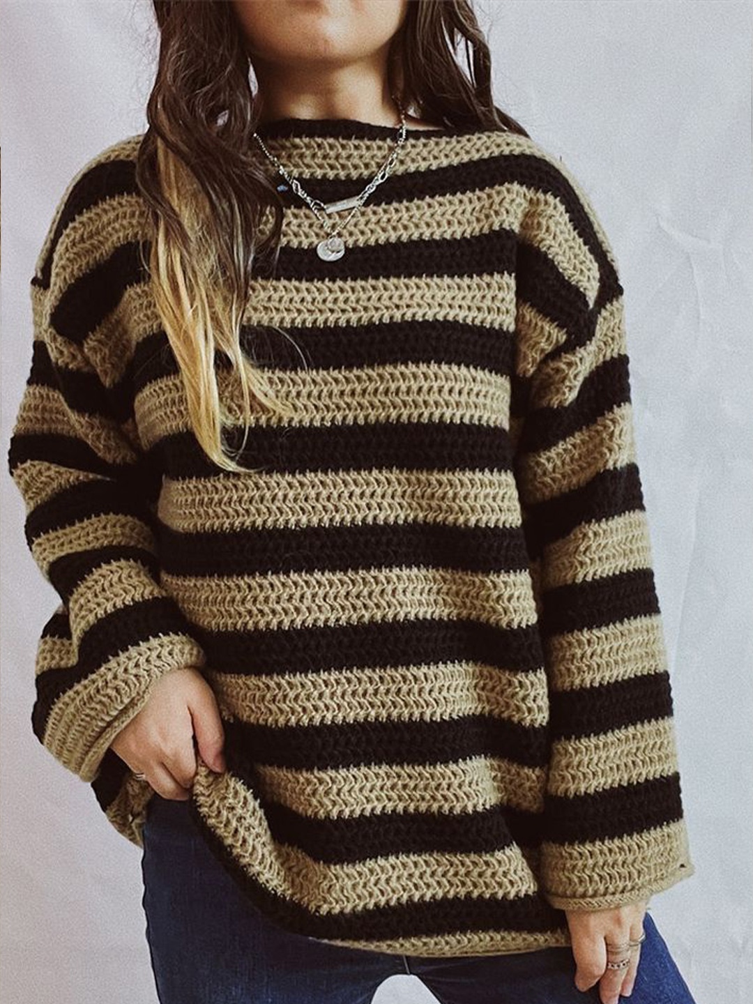 

LULU & SKY Women Striped Pullover Sweater, Khaki