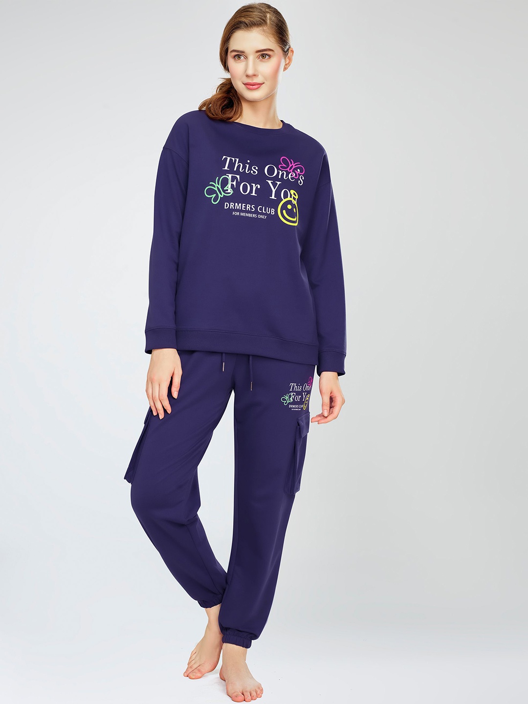 

Zeyo Women Printed Sweatshirt With Joggers Co-Ords, Blue