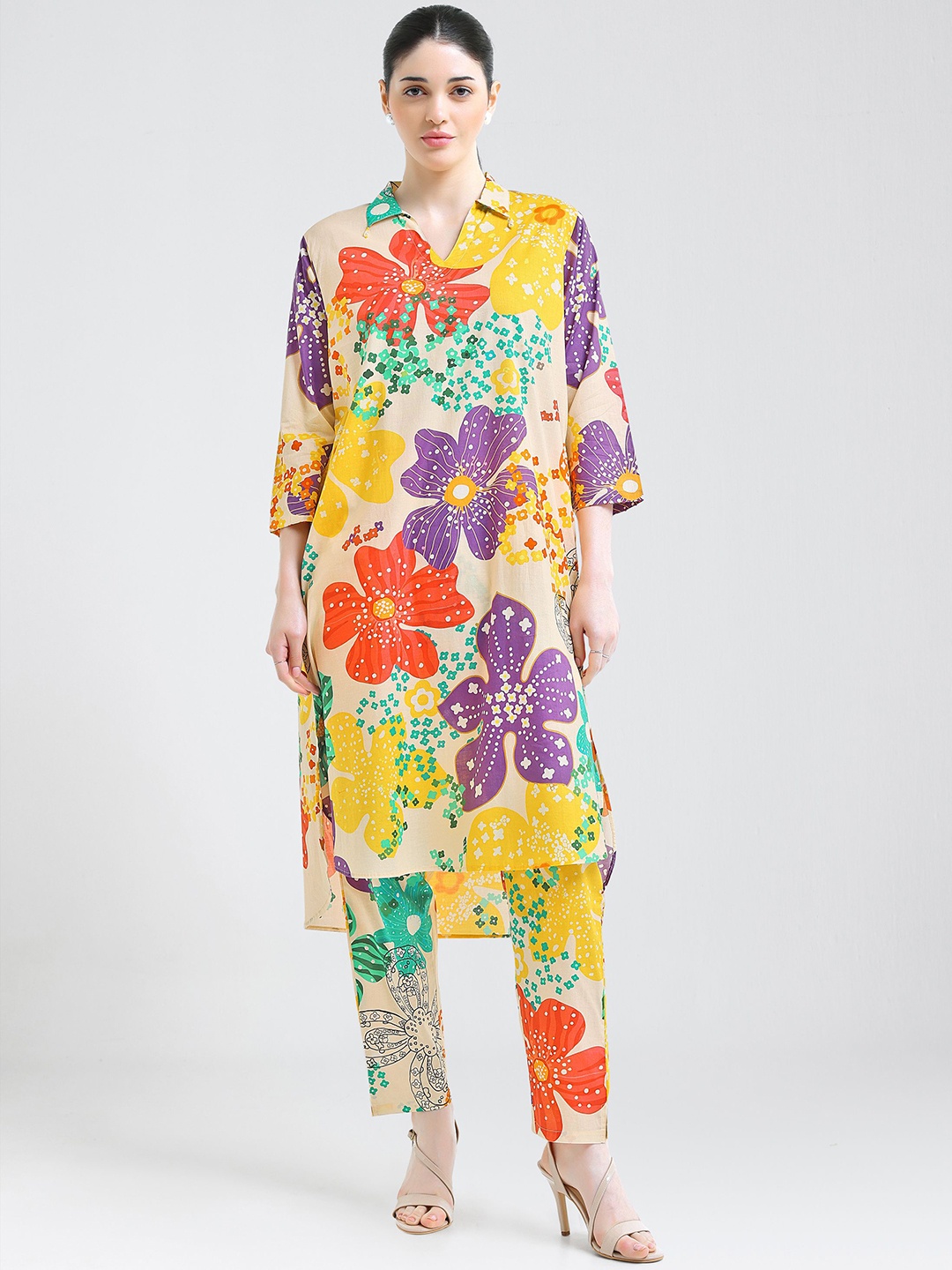 

I like me Yellow Floral Printed Shirt Collar Pure Cotton Tunic With Trousers, Off white