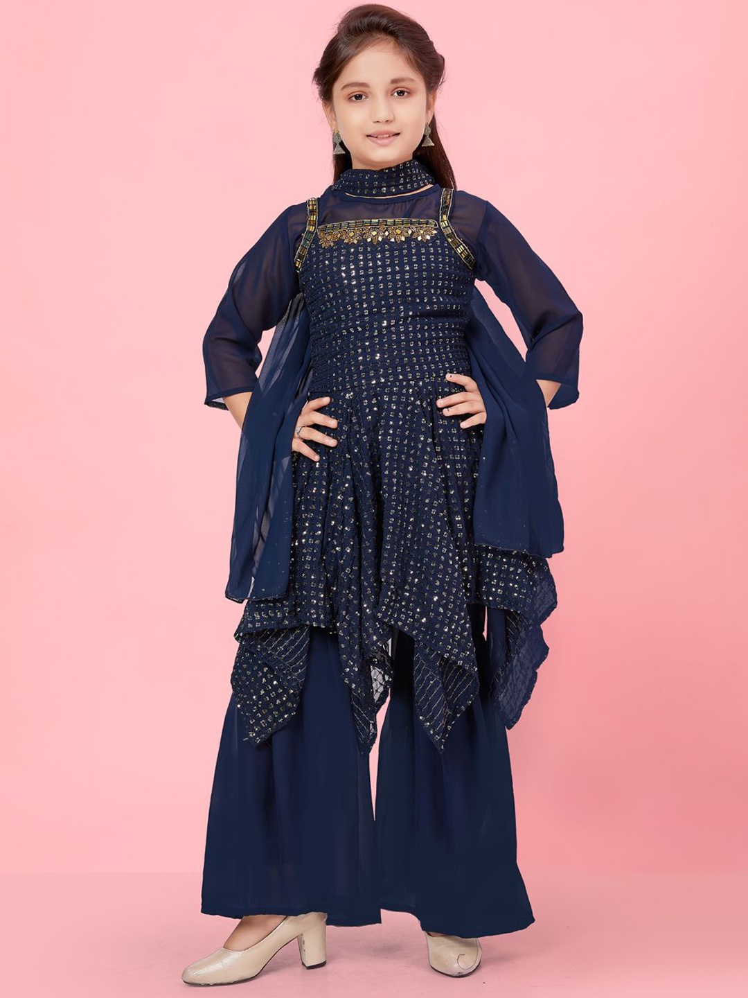 

Sangria Girls Ethnic Motifs Embroidered Georgette A-Line Kurta & Sharara with Dupatta, Navy blue