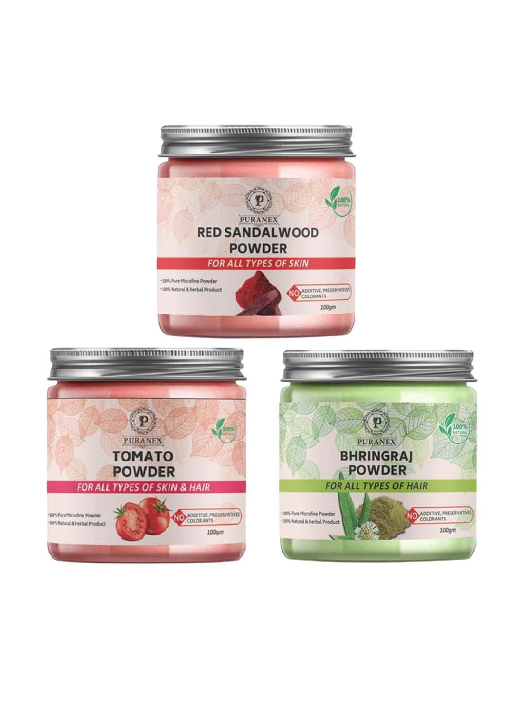 

Puranex Set Of 3 Red Sandalwood, Tomato & Bhringraj Skin & Hair Powder-100 g Each, White