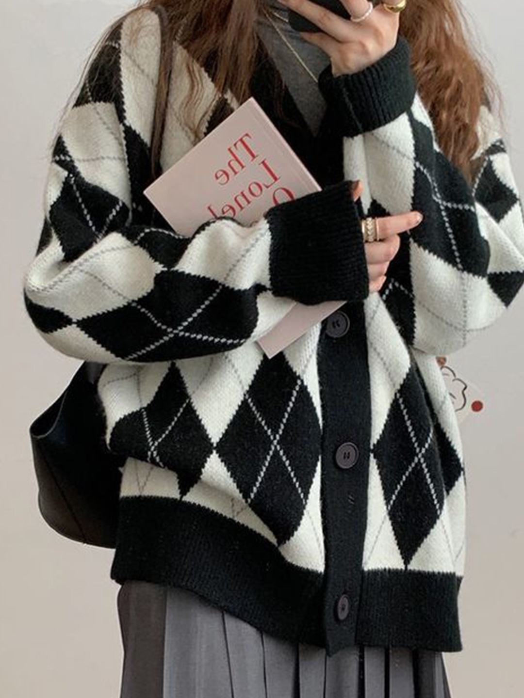 

LULU & SKY Women Checked V-Neck Cardigan, Black