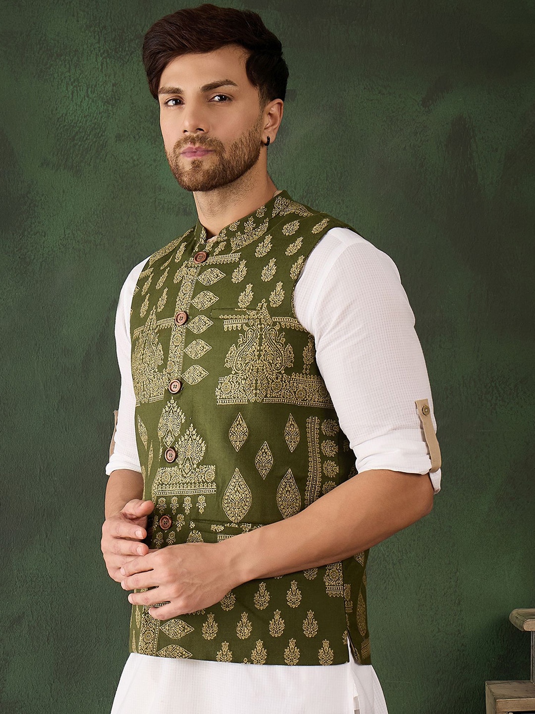 

Sangria Men Woven Design Winter Pashmina Nehru Jackets, Olive
