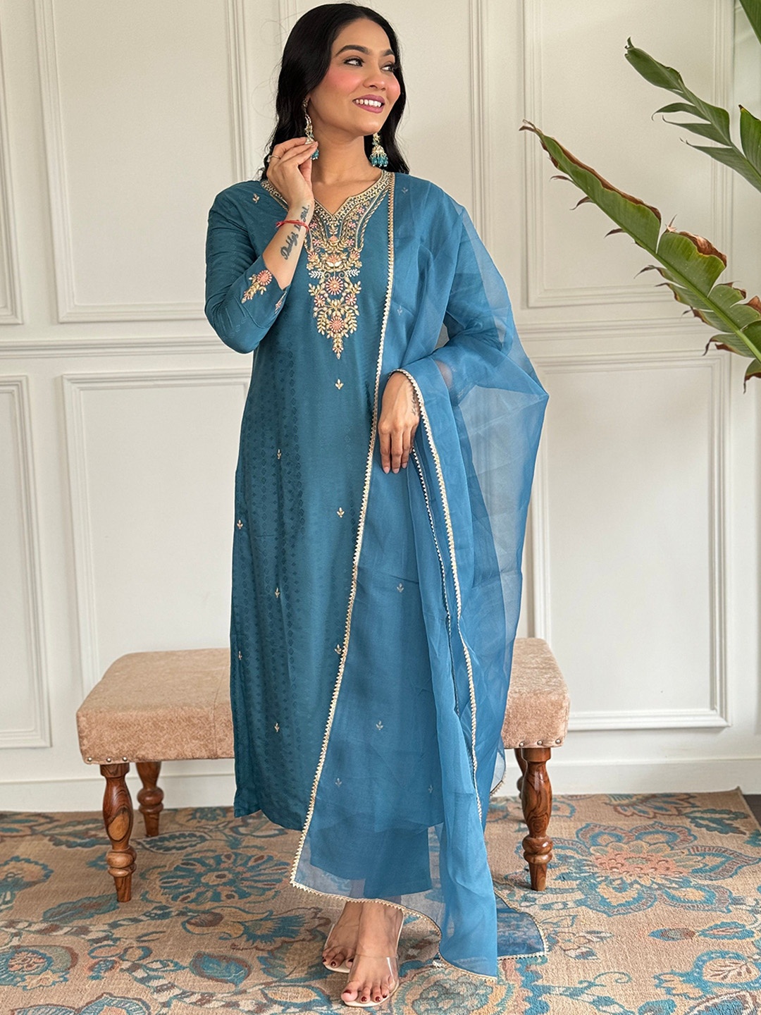 

KALINI Floral Embroidered Dobby Chanderi Silk Straight Kurta With Trouser & Dupatta, Teal