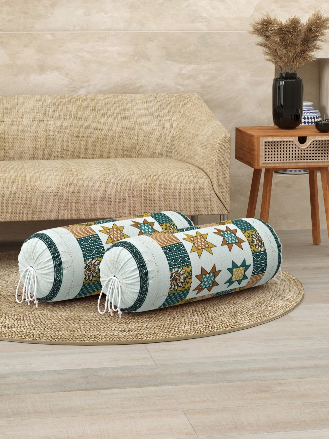 

BLOCKS OF INDIA White & Teal Green 2 Pieces Ethnic Motifs Printed Cotton Bolster Cover Set