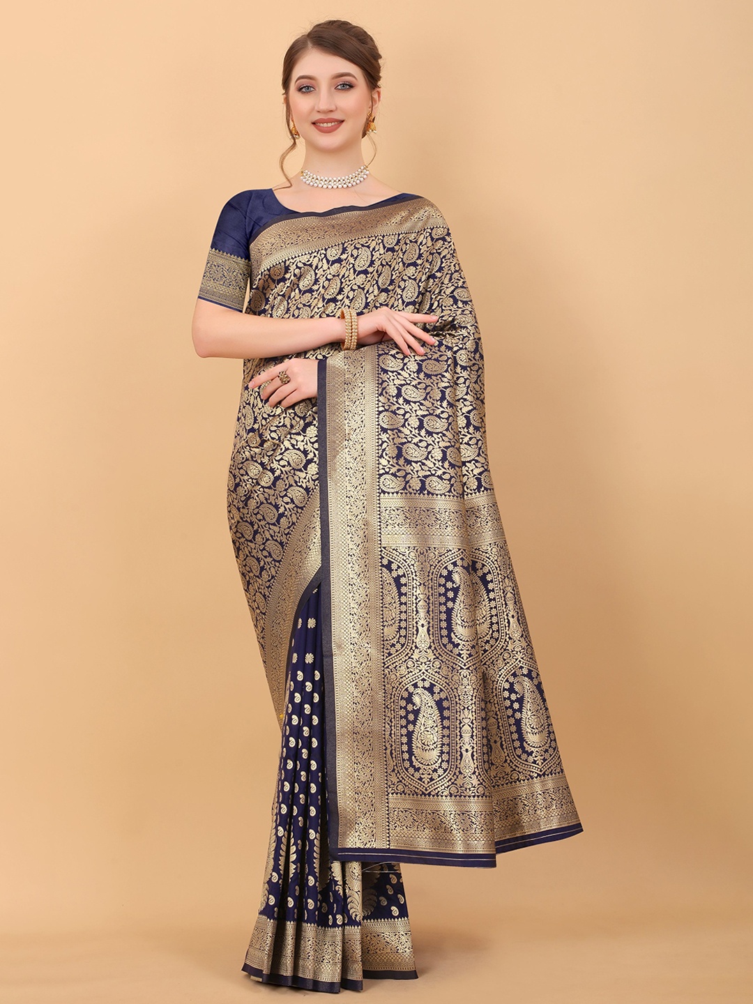 

Anaita Ethnic Motifs Zari Silk Blend Banarasi Saree, Violet