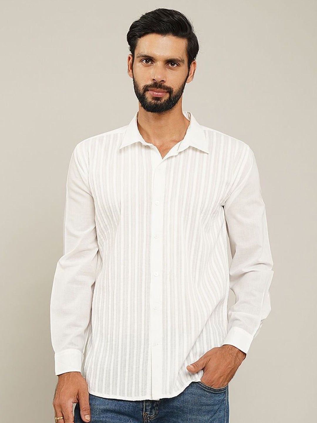 

JAYPORE Men Standard Striped Casual Pure Cotton Shirt, White