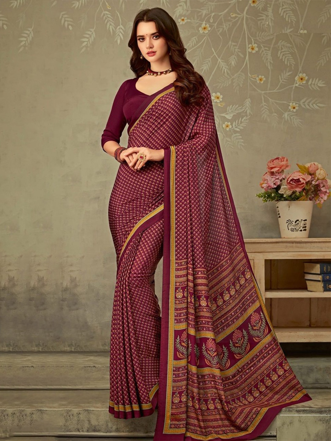 

Reboot Fashions Ethnic Motifs Printed Pure Crepe Saree With Unstitched Crepe Blouse Piece, Maroon