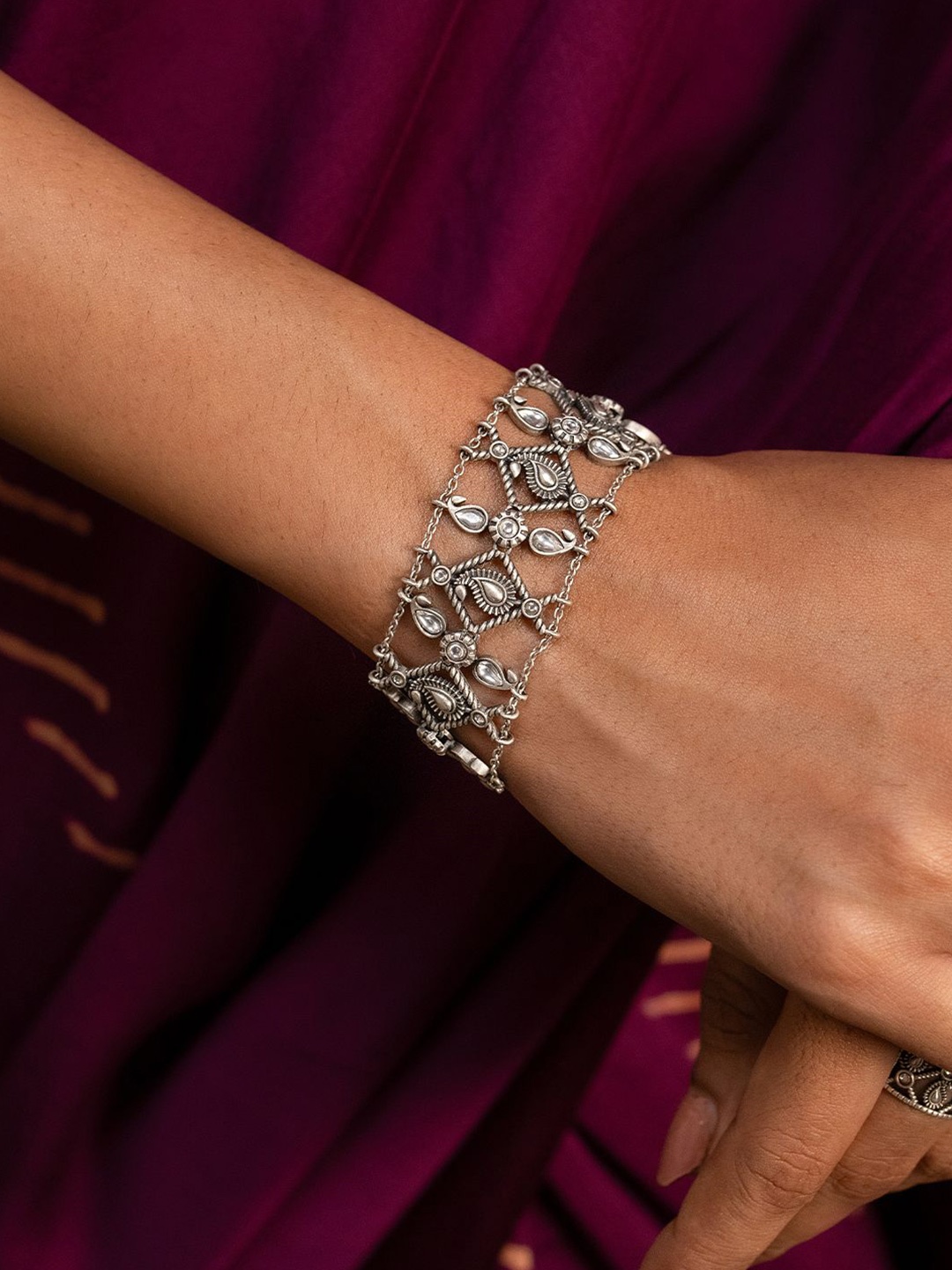 

SHAYA 925 Sterling Silver Stones Studded Oxidised Wraparound Bracelet