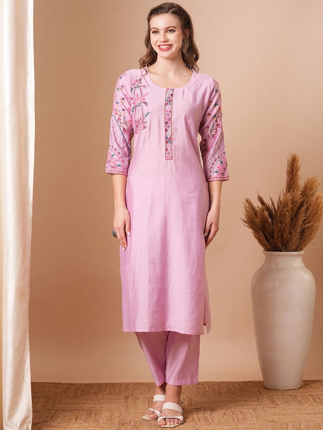 

FASHOR Pink Floral Embroidered Round Neck Three-Quarter Sleeves Top With Trouser