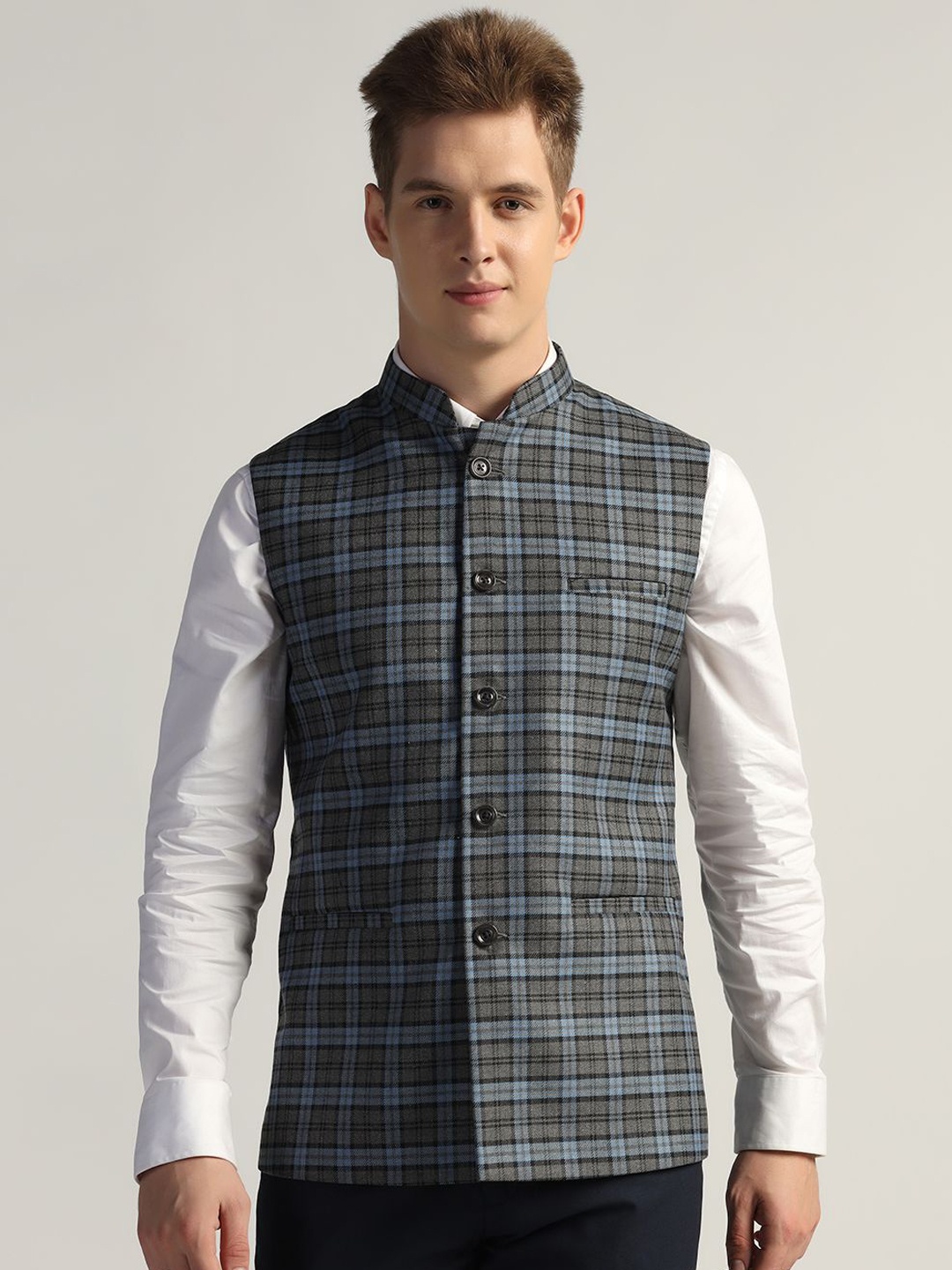 

TAHVO Checked Woven Design Mandarin Collar Casual Nehru Jacket, Navy blue