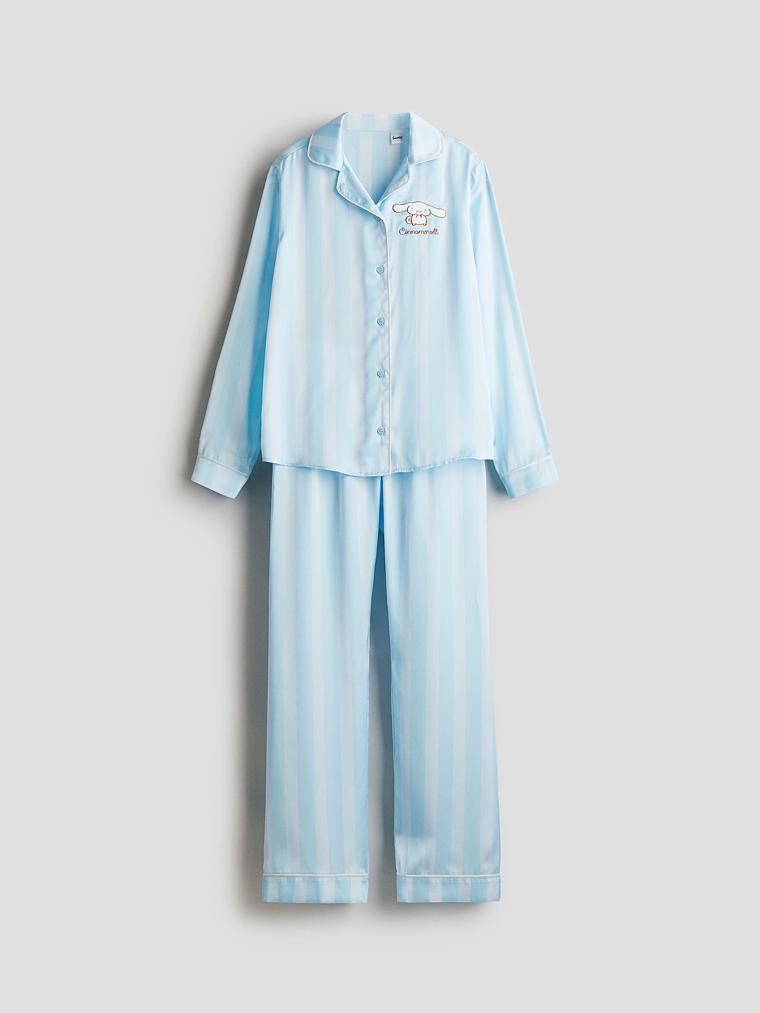 

H&M Embroidery-Detail Satin Pyjamas, Blue