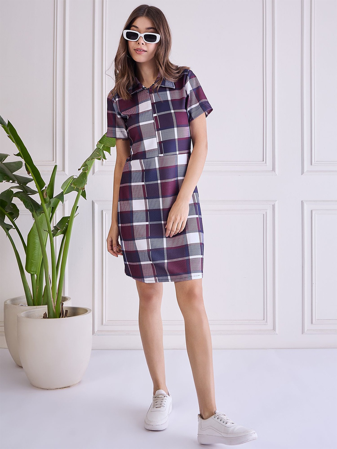 

WESTHOOD Women Checked Shirt Above Knee Dress, Navy blue