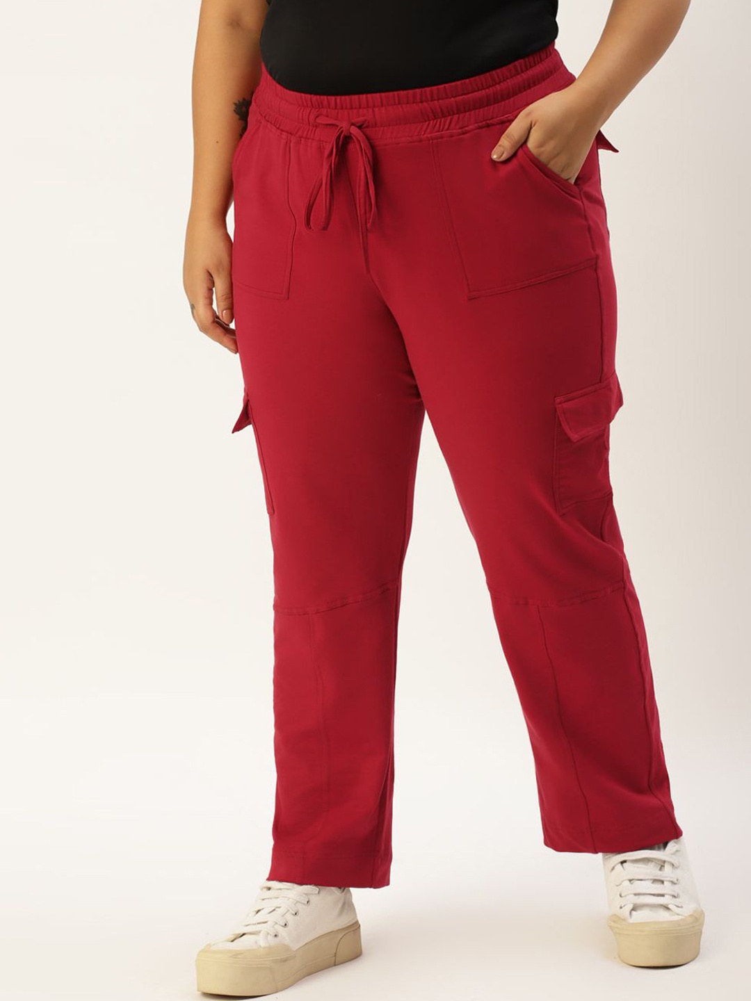 

theRebelinme Women Smart High-Rise Easy Wash Pleated Cargos Trousers, Maroon