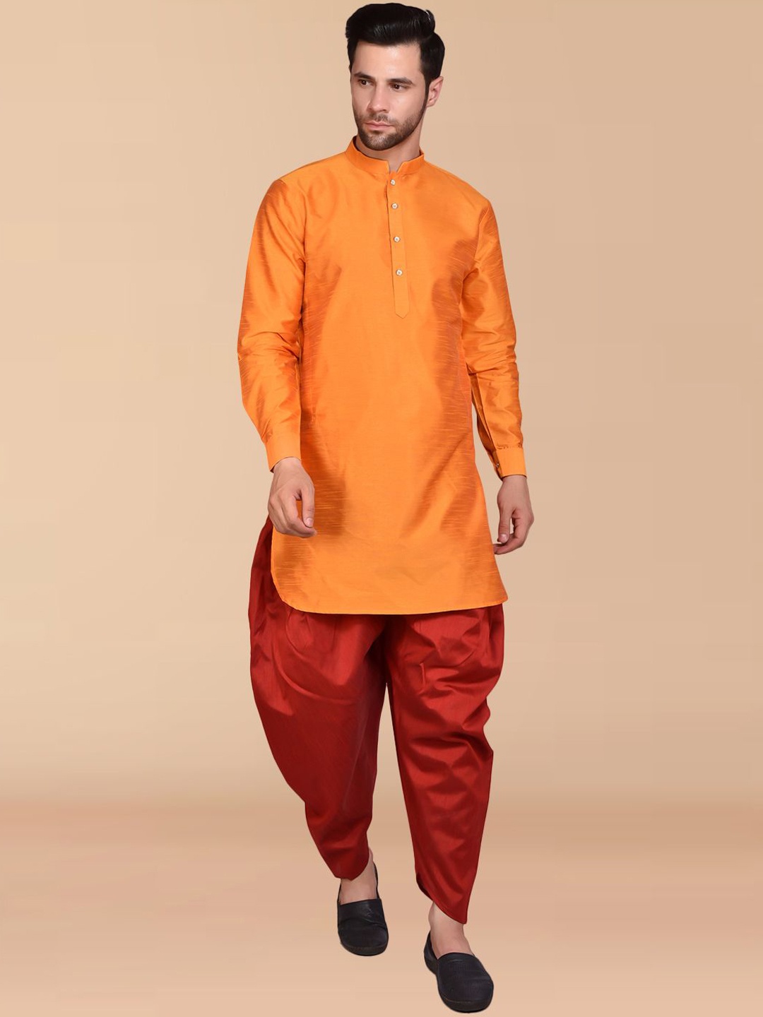 

PRINTINDIA Mandarin Collar Pure Cotton Straight Kurta with Harem Pants, Orange