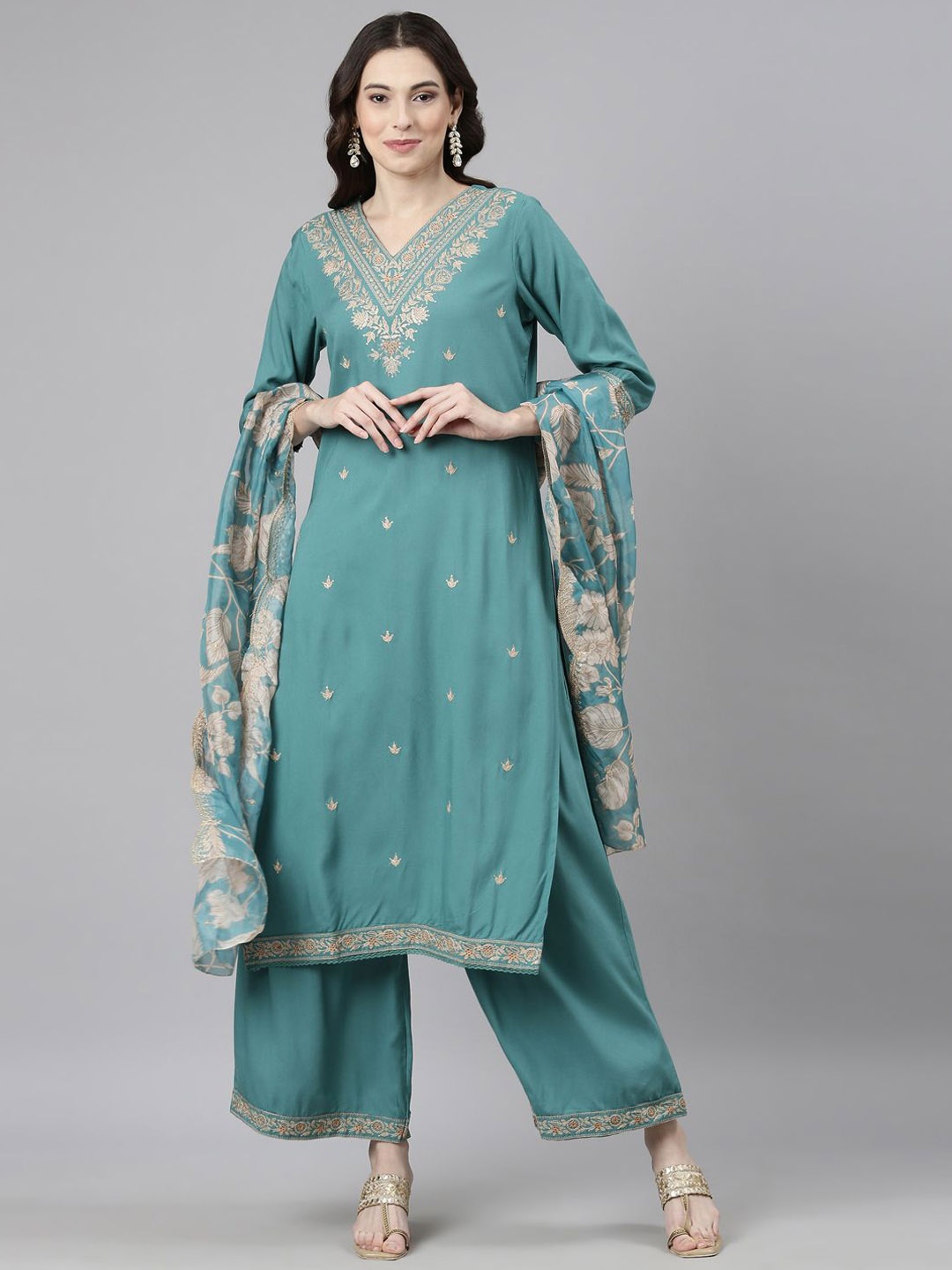 

Neerus Ethnic Motifs Embroidered Kurta with Palazzo & Dupatta, Green