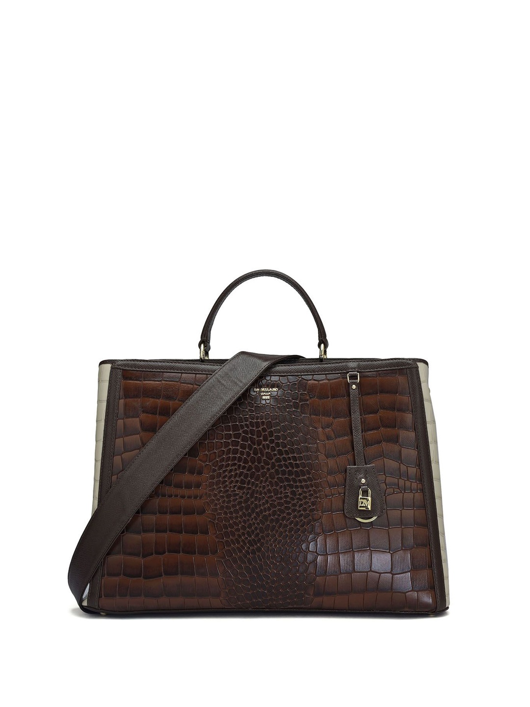 

Da Milano Animal Textured Leather Structured Handheld Bag with Cut Work, Brown