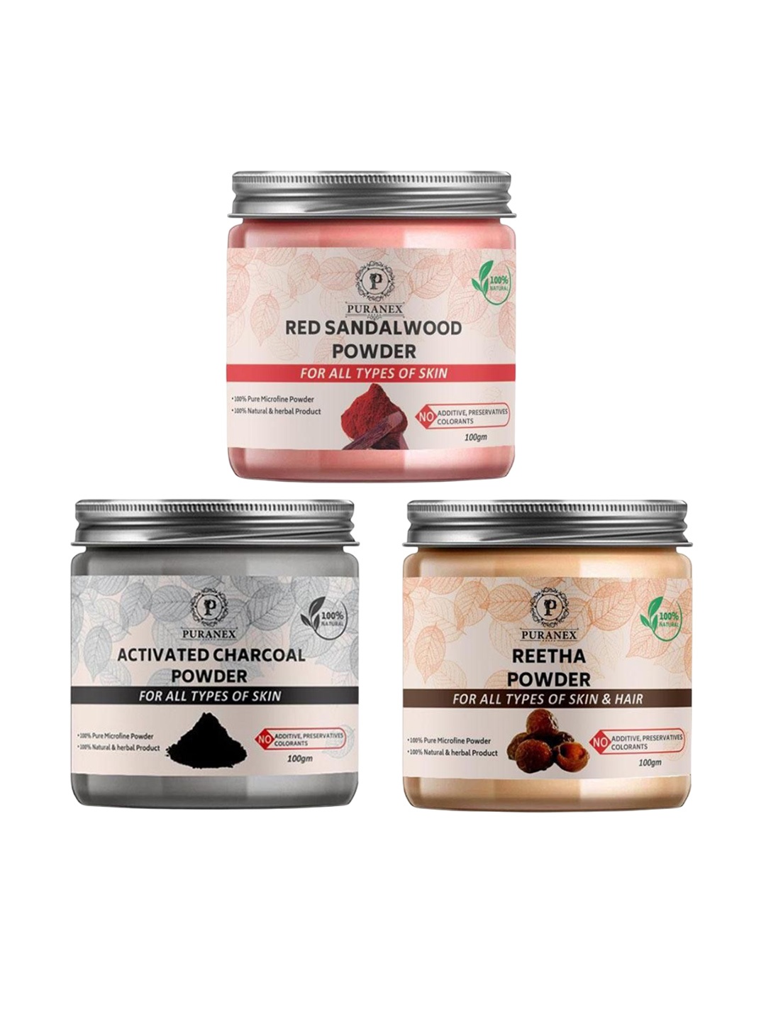 

Puranex Set Of 3 Red Sandal Wood, Charcoal Powder & Reetha Skin & Hair Powder-100 g Each, White