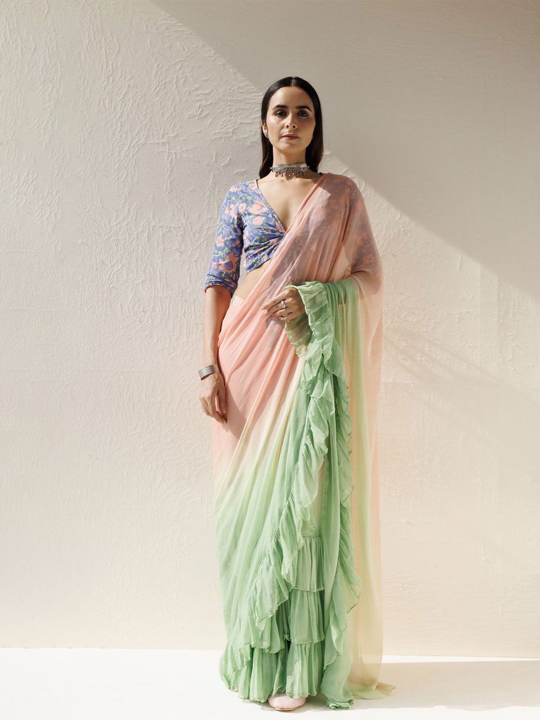

Geroo Luxe Ombre Ready to Wear Saree with Stitched Blouse, Green