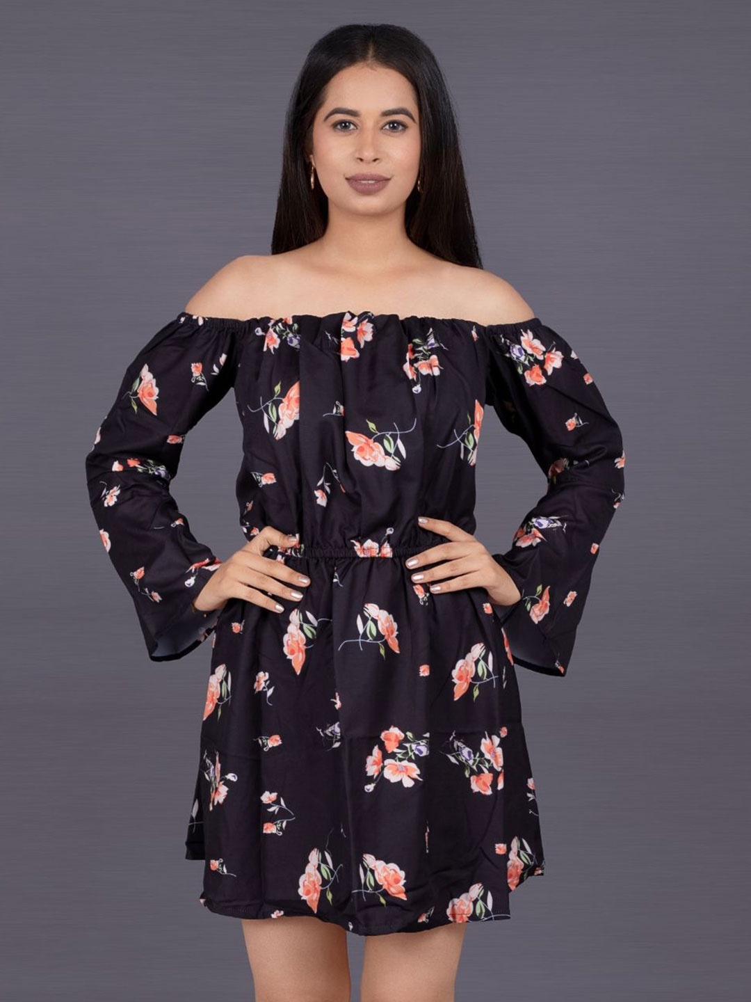 

La Aimee Women Floral Printed Fit & Flare Mini Dress, Black