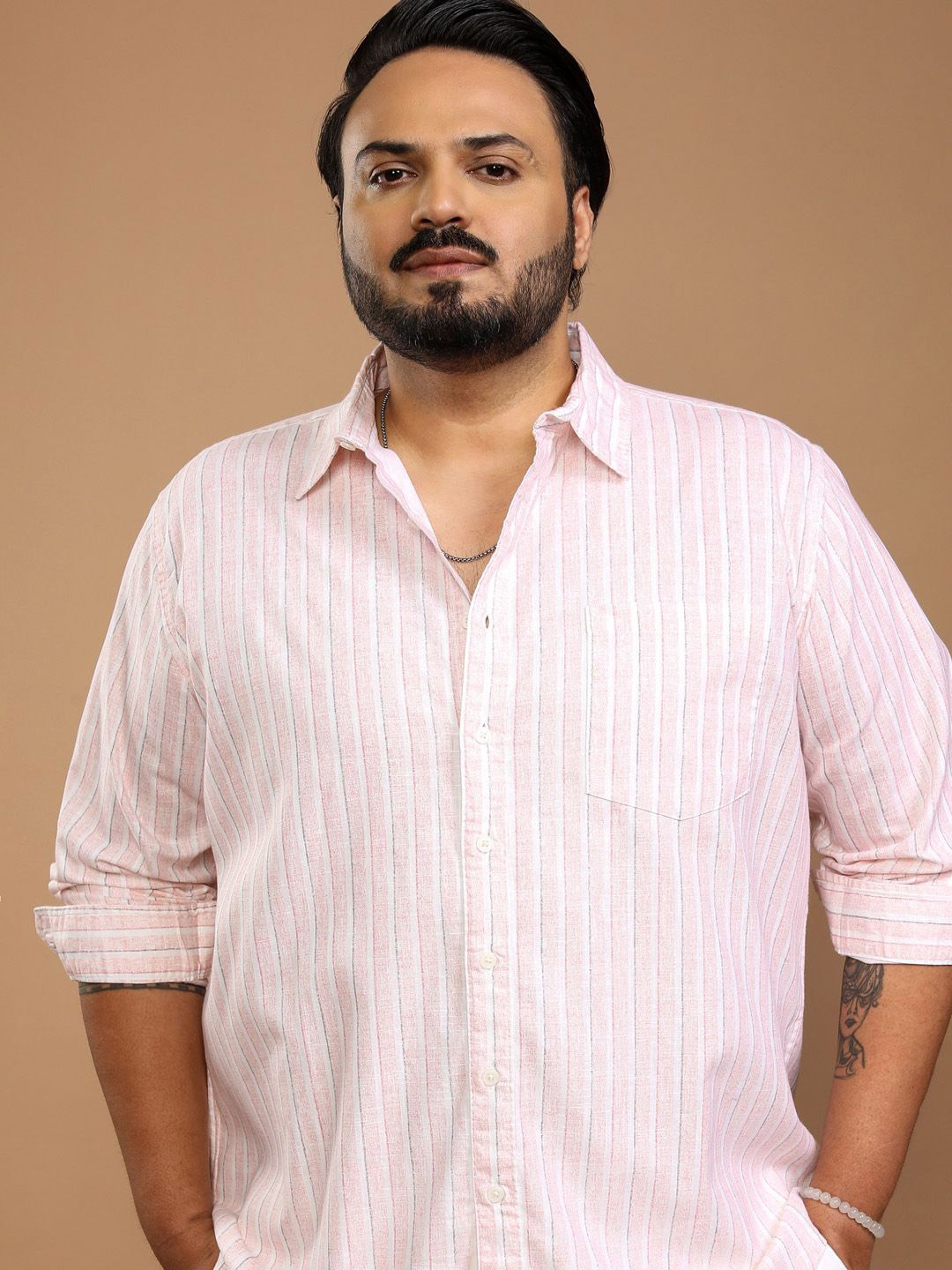 

HIGHLANDER Men Striped Plus Size Relaxed Fit Cotton Shirt, Pink