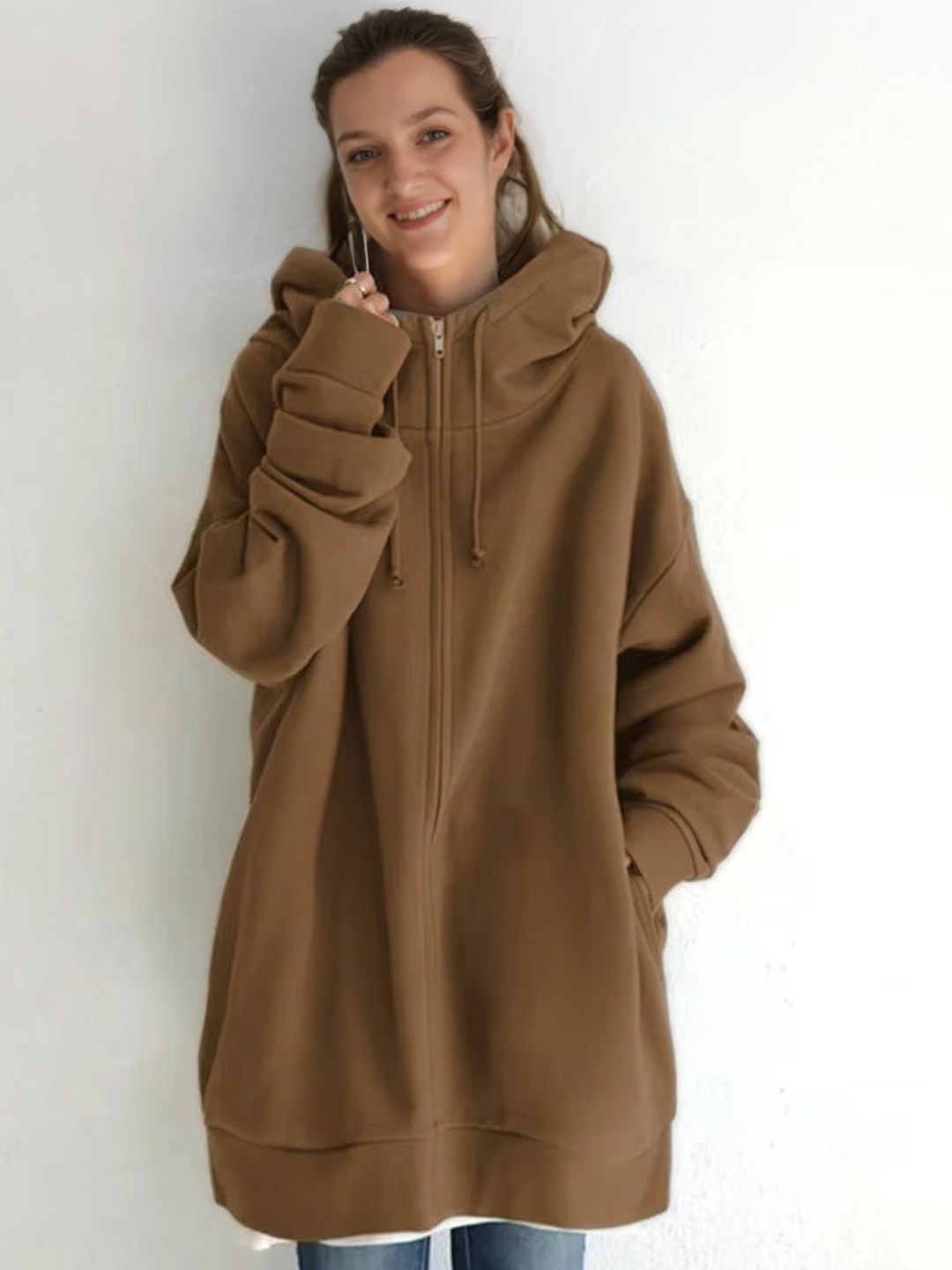 

StyleCast Women Hooded Solid Longline Bomber Jacket, Brown