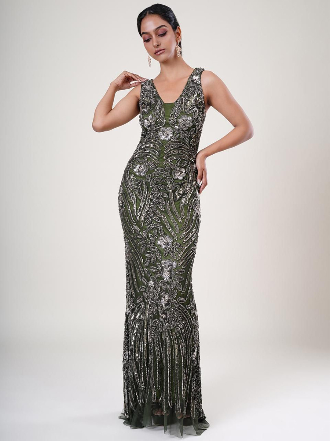 

UPGRADE Women Embellished Net Maxi Dress, Green