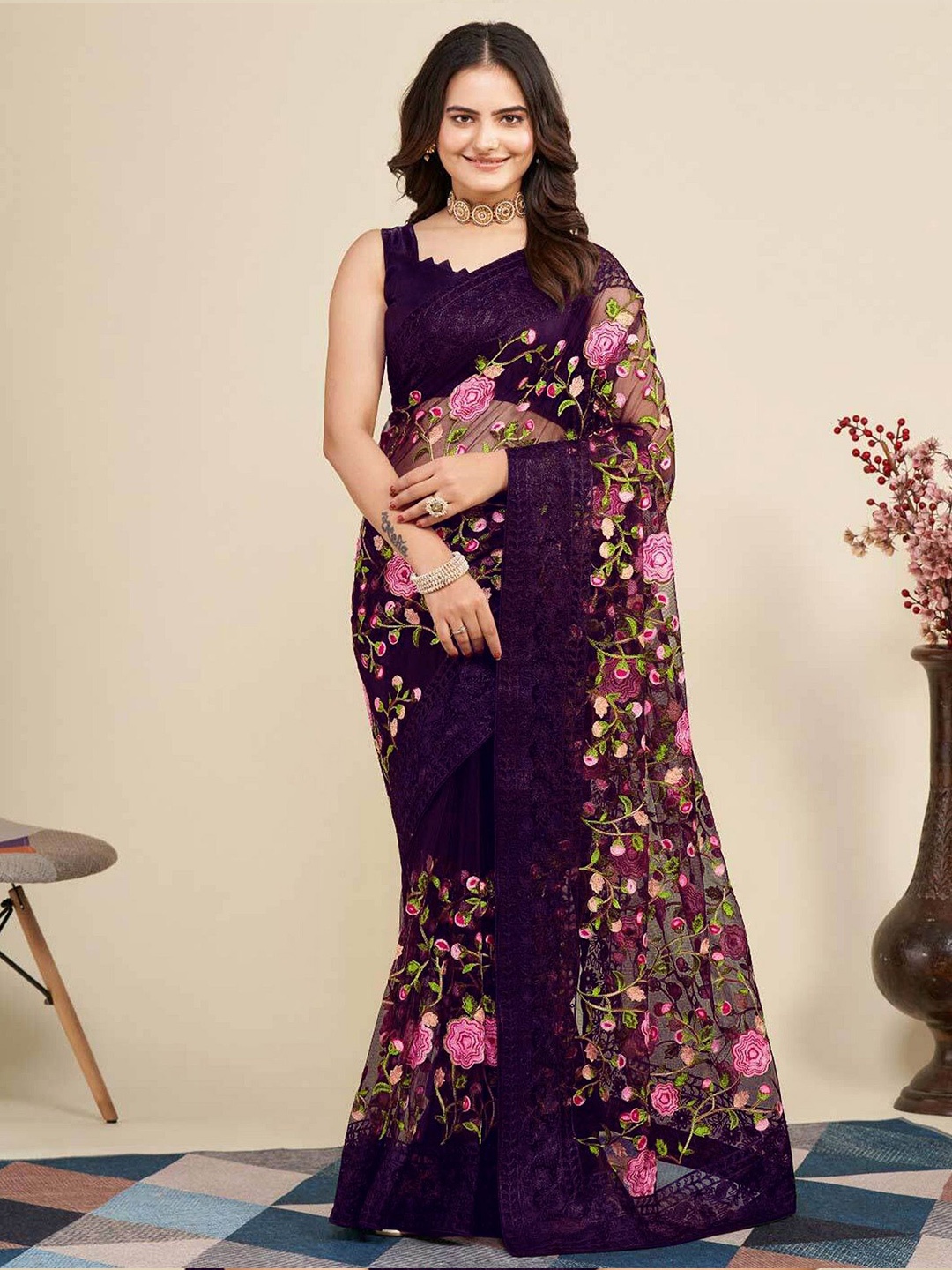 

LADY SHOPI Floral Embroidered Net Saree, Purple