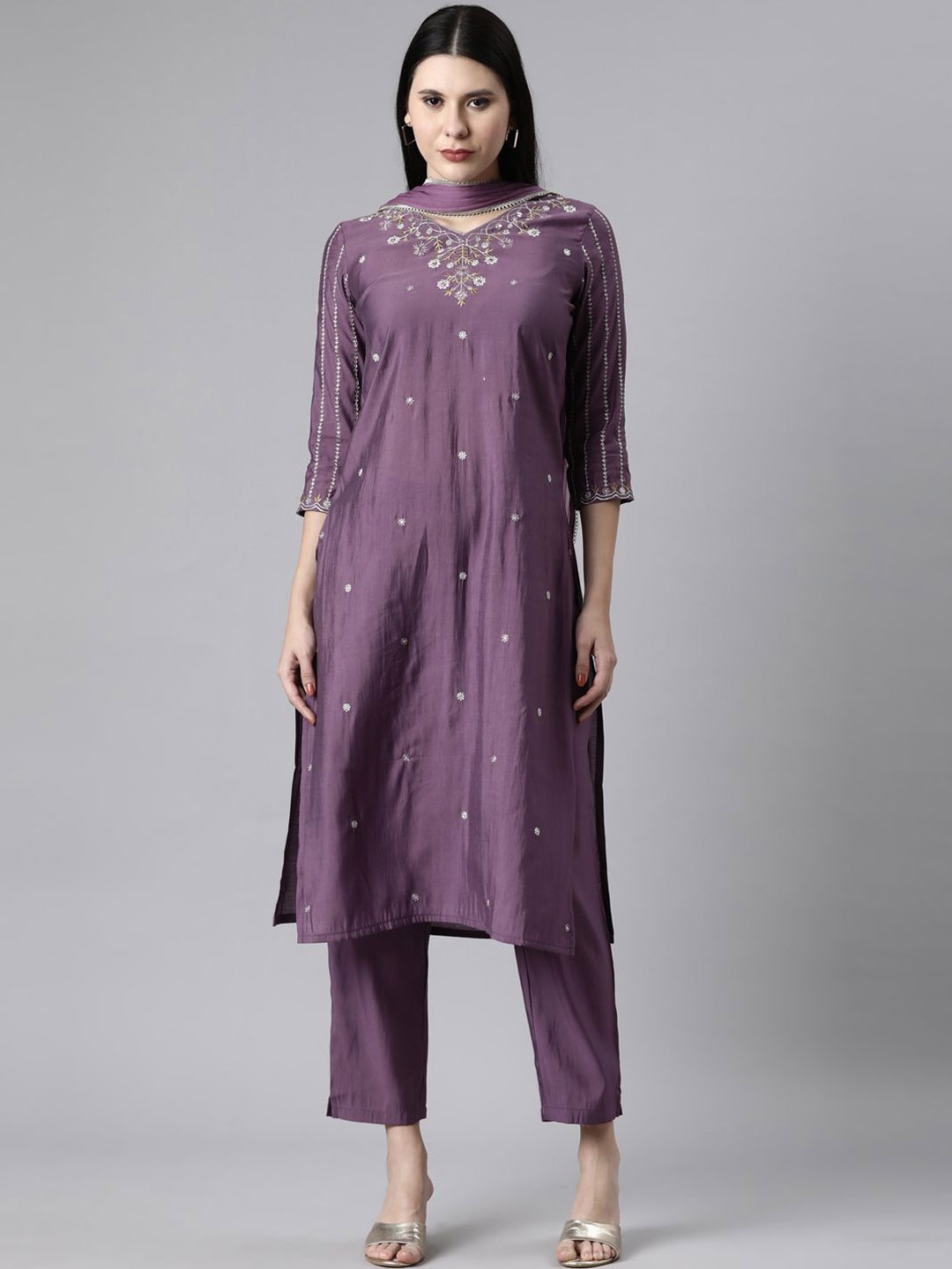 

Neerus Floral Embroidered Sequinned V-Neck Straight Kurta With Trousers & Dupatta, Lavender