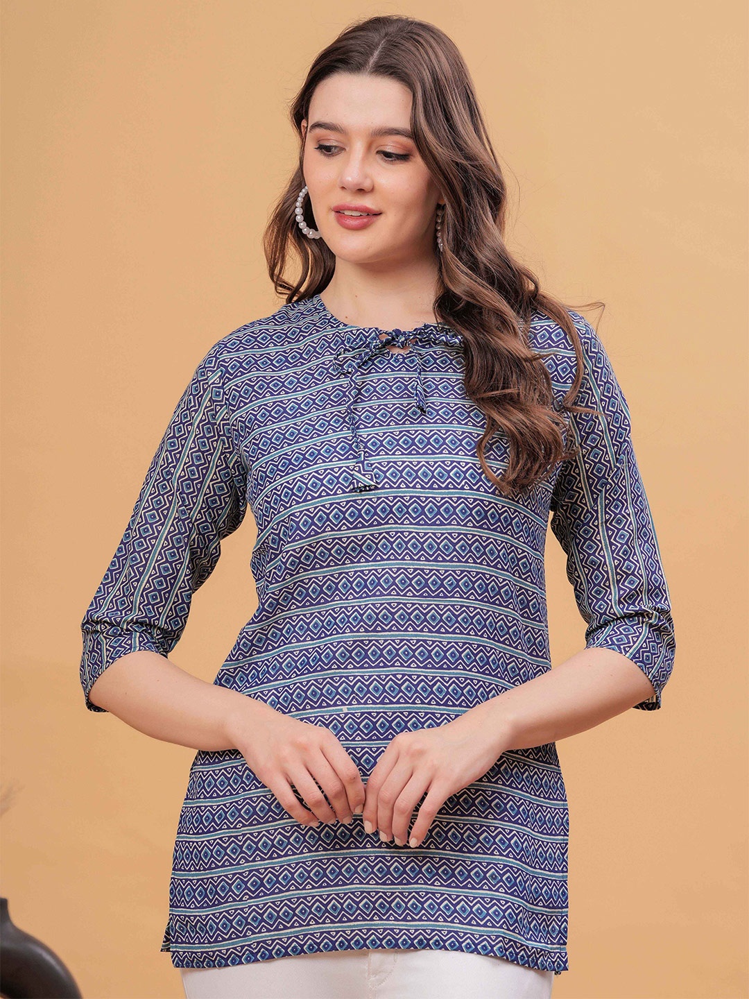 

kipek Women Printed Keyhole Neck Cotton Top, Blue