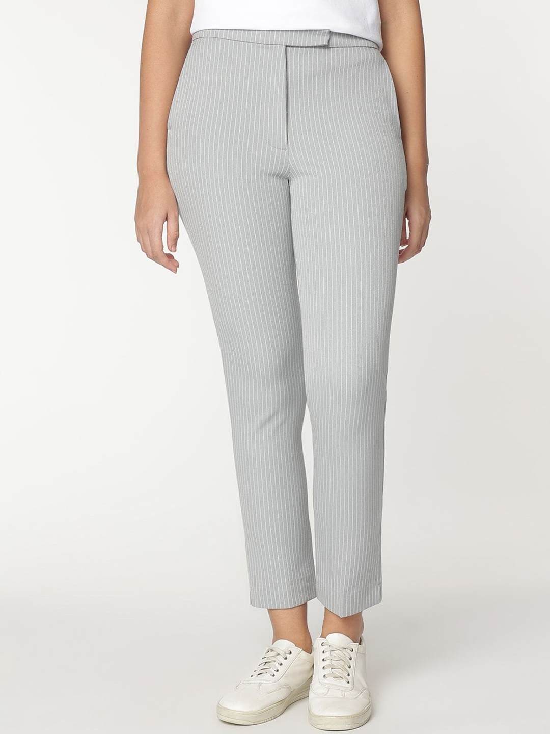 

Marks & Spencer Women Striped Slim Fit High-Rise Cropped Trousers, Grey