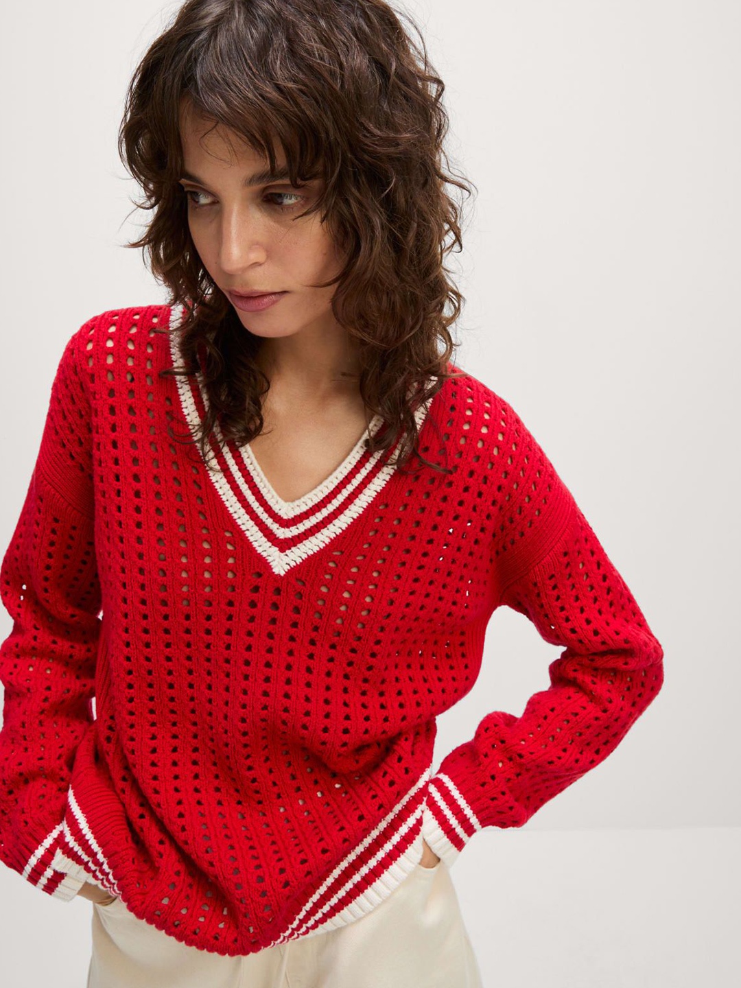 

Marks & Spencer Women Self Design Pullover Sweater, Red