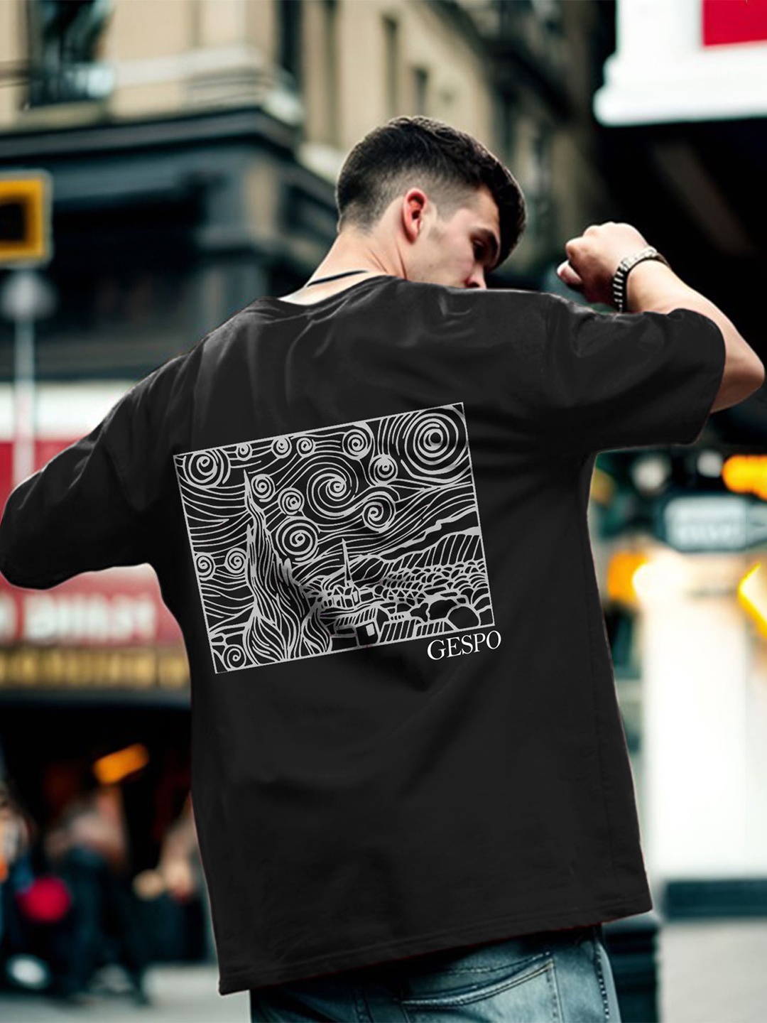 

GESPO Men Graphic Printed Drop-Shoulder Sleeves Pure Cotton Oversized T-shirt, Black