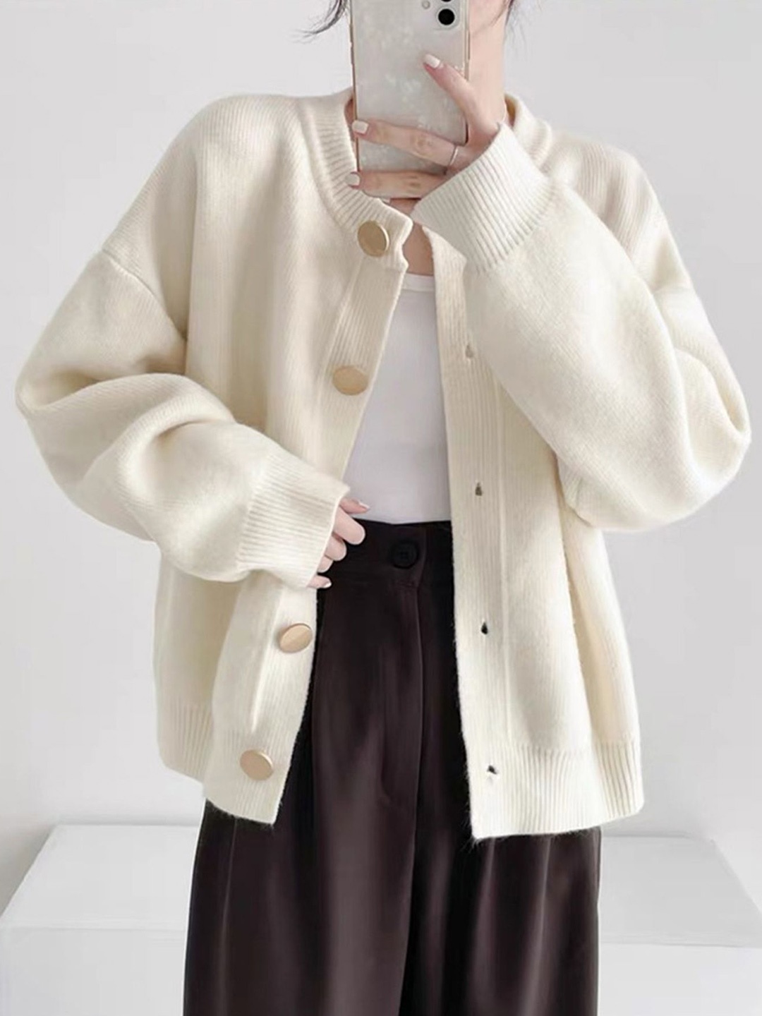 

LULU & SKY Women Round Neck Cardigan, Off white