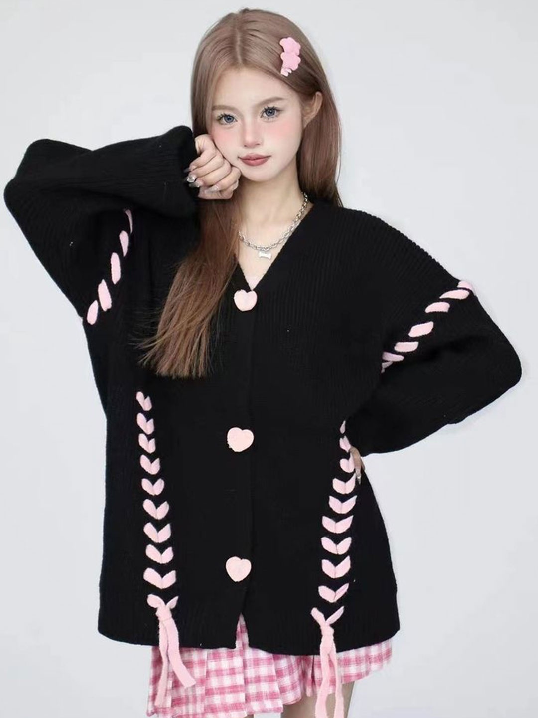 

LULU & SKY Women Self Design Ribbed Cardigan Sweater, Black