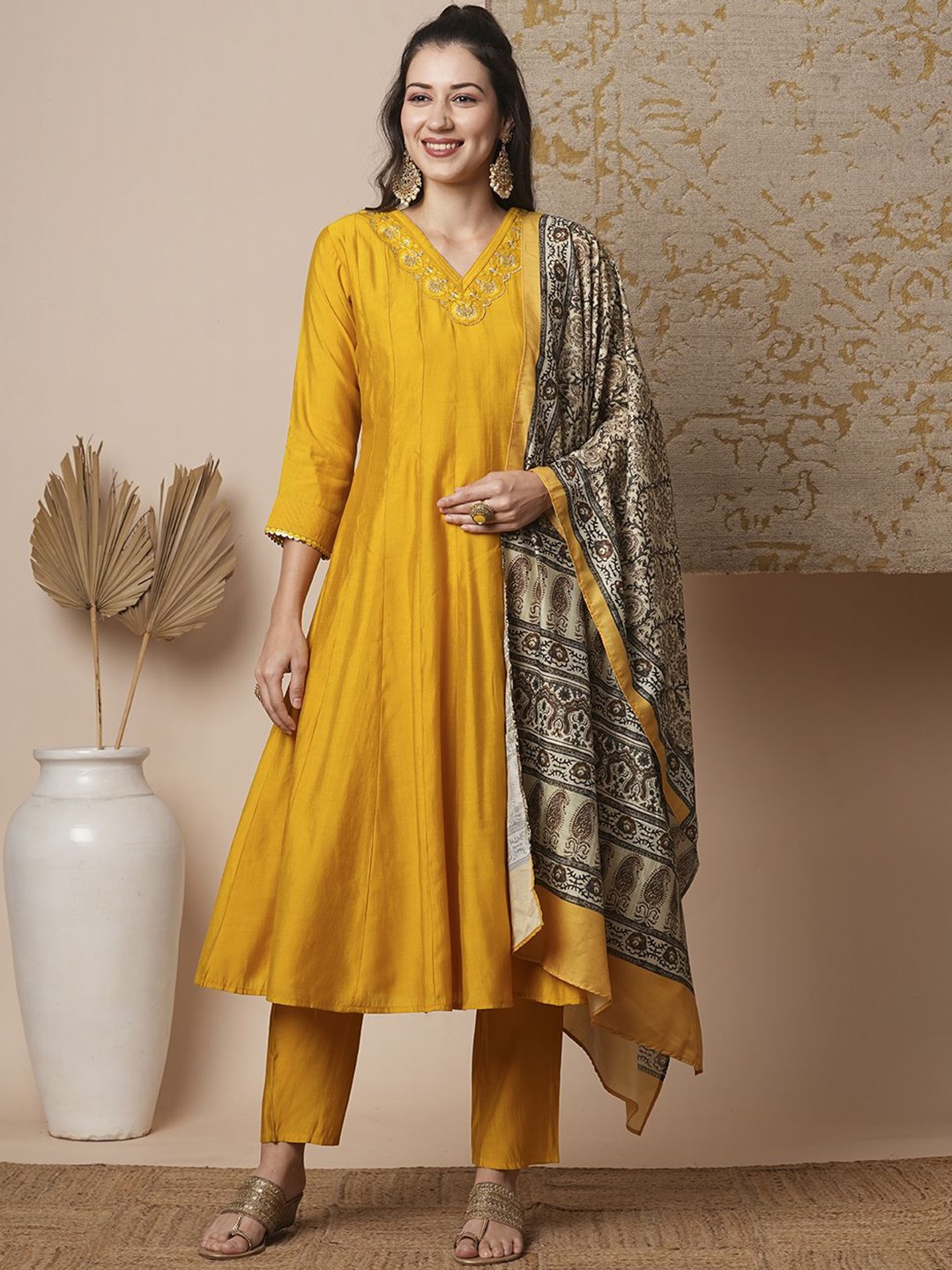 

FASHOR Floral Embroidered Sequinned Panelled Anarkali Kurta With Trouser & Dupatta, Mustard