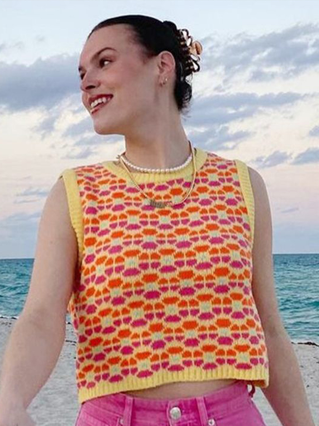 

LULU & SKY Women Self Design Sweater Vest, Yellow