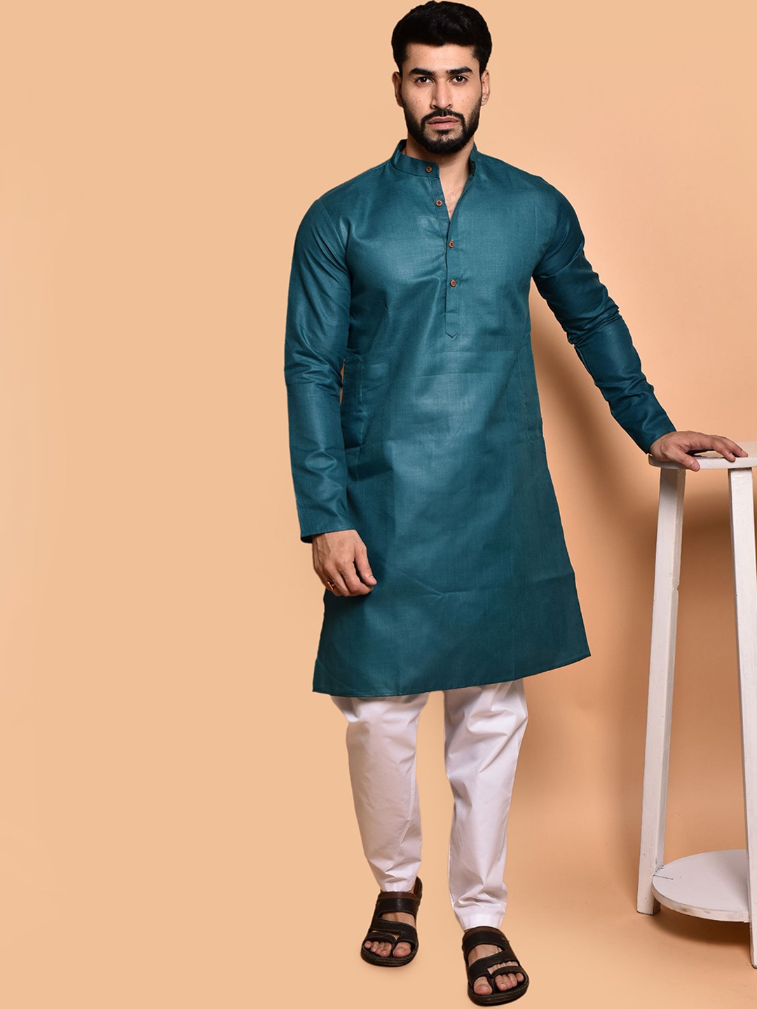 

PRINTINDIA Mandarin Collar Pure Cotton Straight Kurta With Trouser, Teal