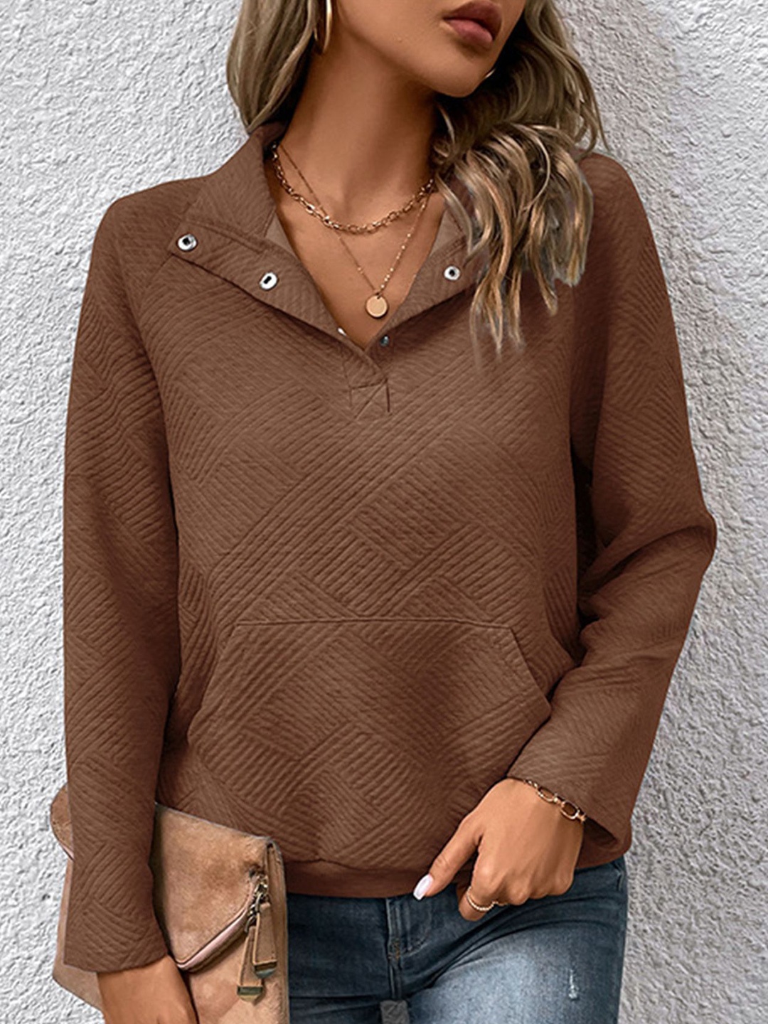 

LULU & SKY Women Self Design Sweatshirt, Coffee brown