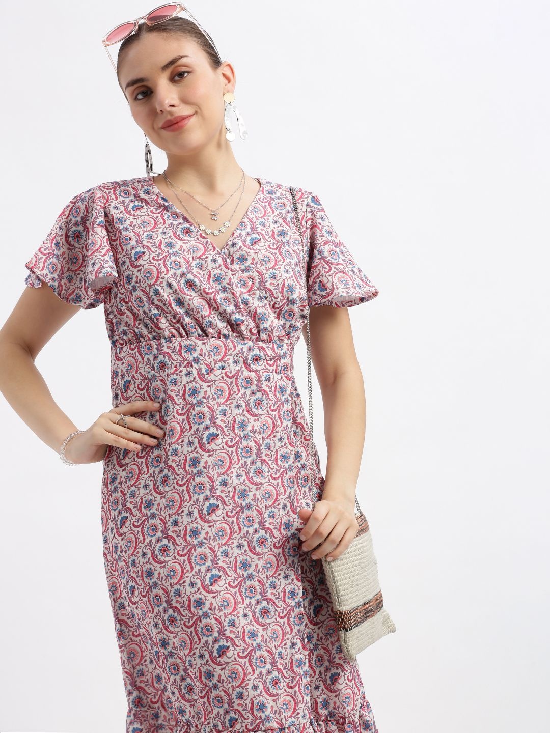 

Grit and Flair Floral Print Flared Sleeve Wrap Dress, Maroon