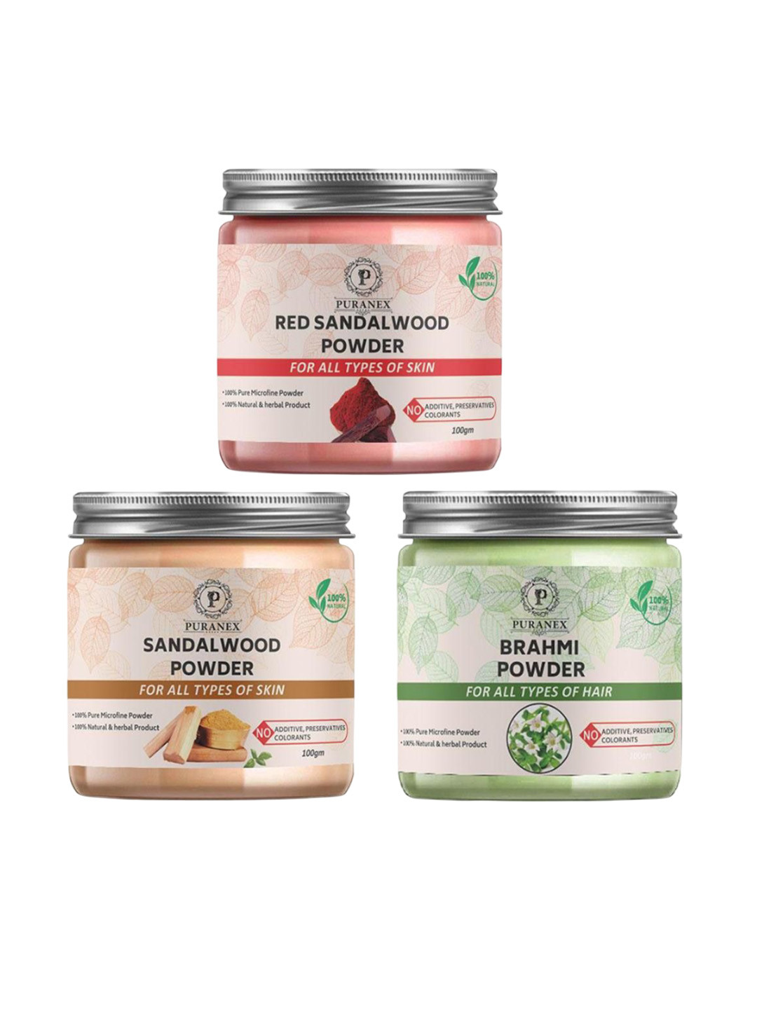 

Puranex Set Of 3 Natural Red Sandalwood - Sandalwood & Brahmi Powder - 100 g Each, Pink