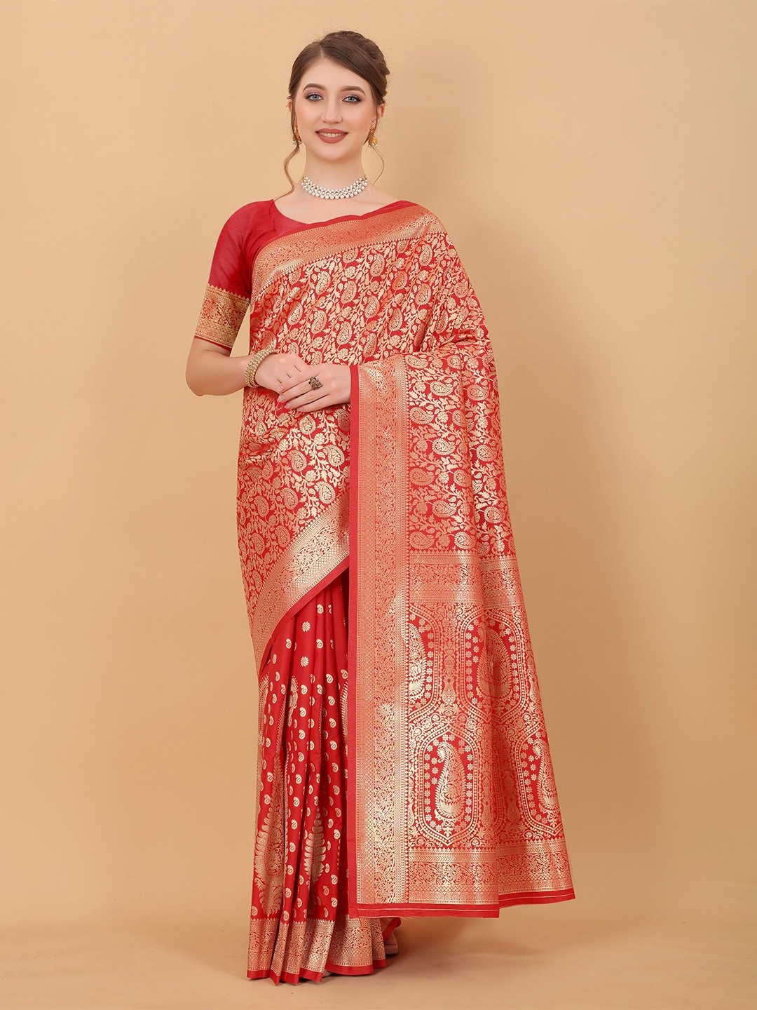 

Anaita Woven Design Zari Silk Blend Banarasi Saree, Red