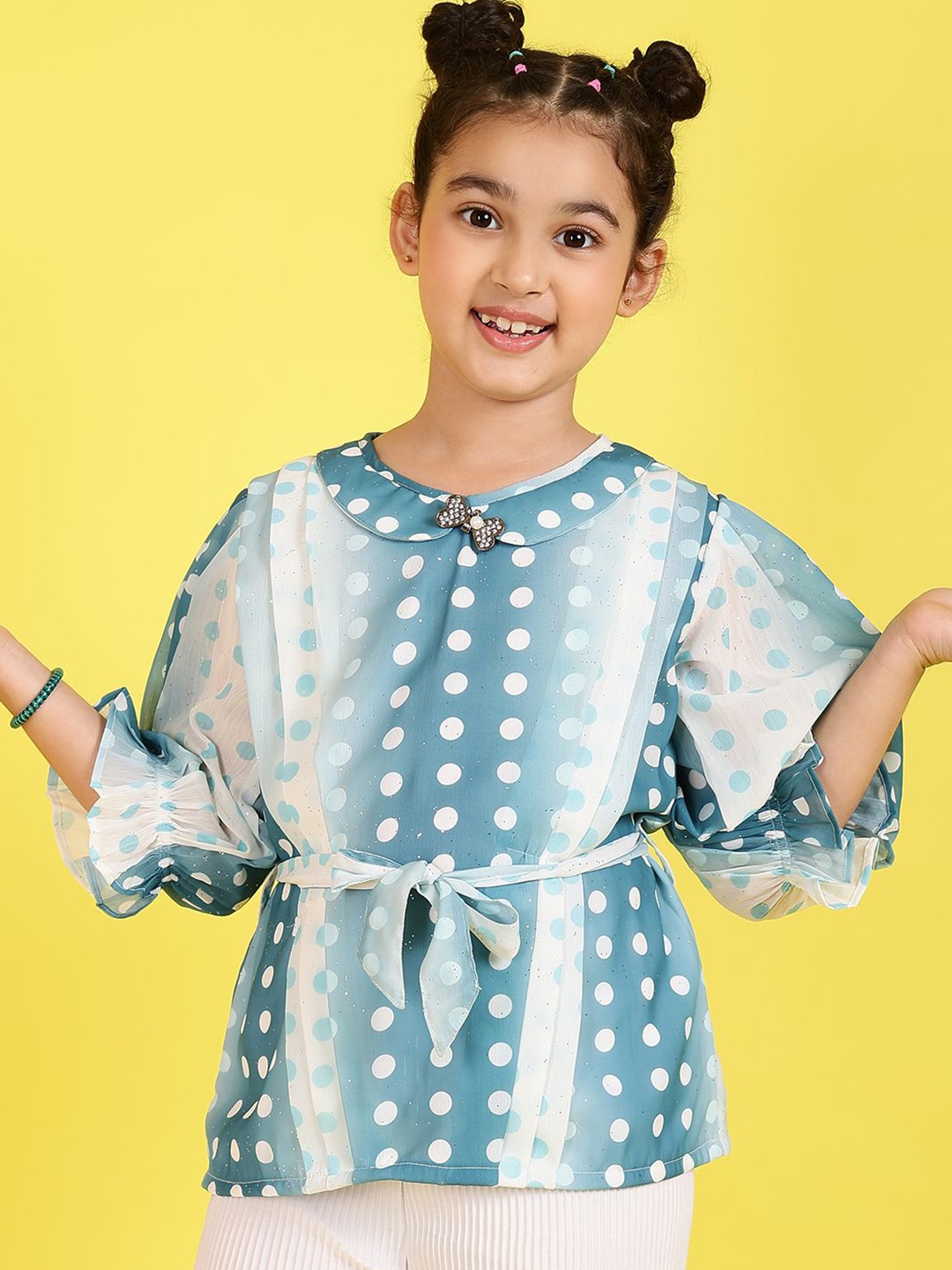 

BAESD Girls Polka Dot Printed Puff Sleeves Top, Blue