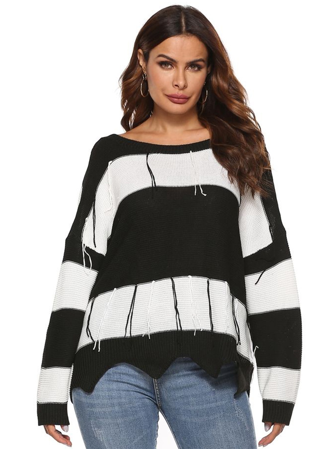 

LULU & SKY Women Boat Neck Colourblocked Pullover Sweater, Black